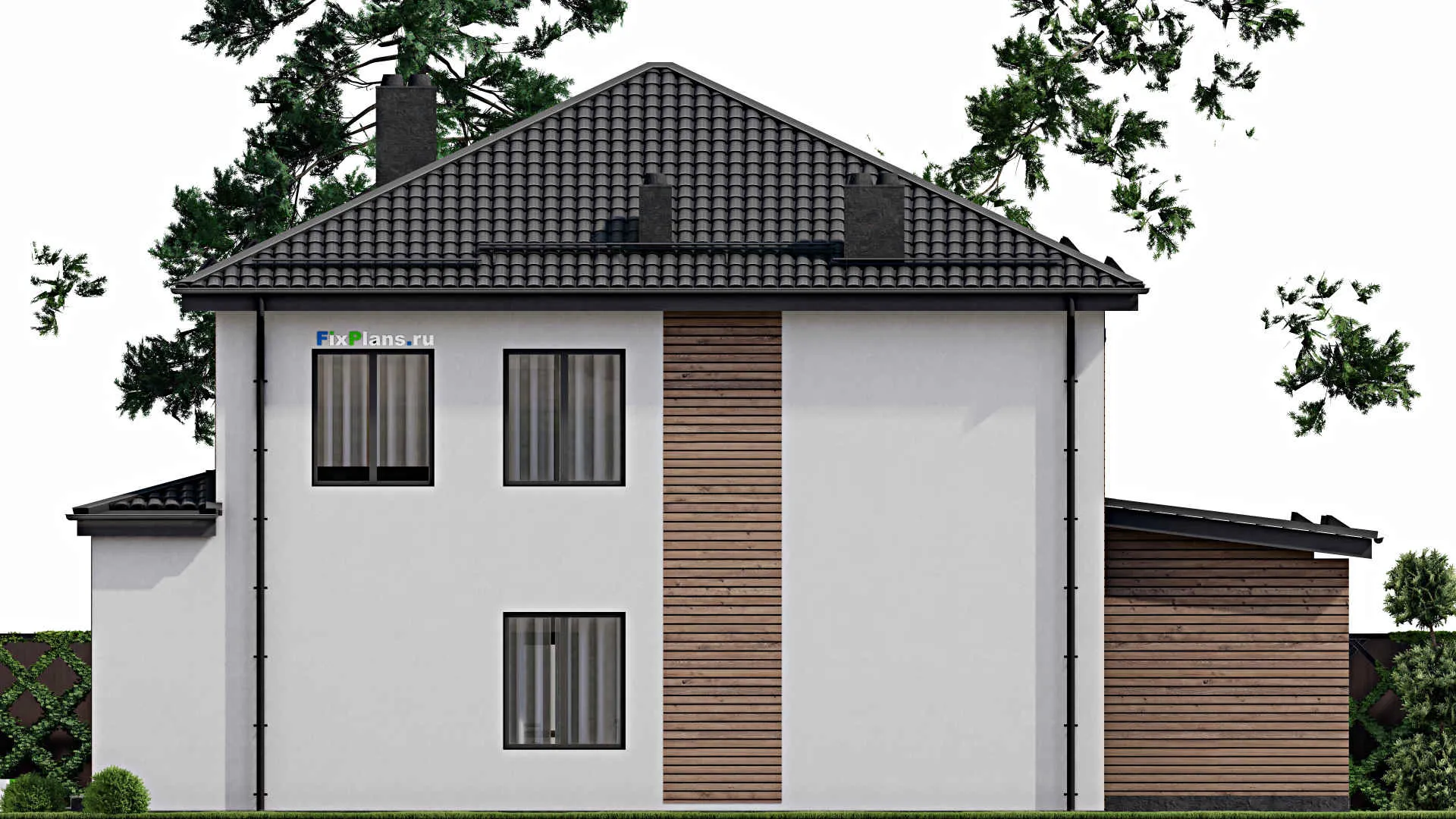 F-4049 - Проект двухэтажного дома 12 на 17, площадью 230 м² с террасой, баней и 4 спальнями