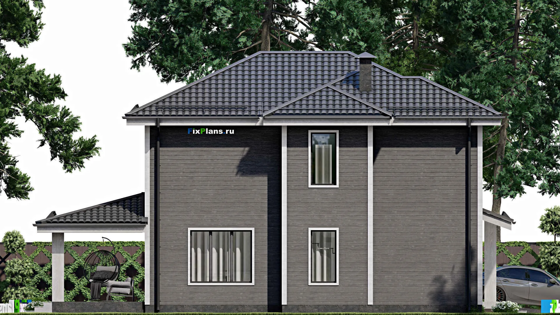 F-3554 - Проект двухэтажного дома 12 на 13, площадью 190 м² с террасой, гаражом на 2 машины и 5 спальнями