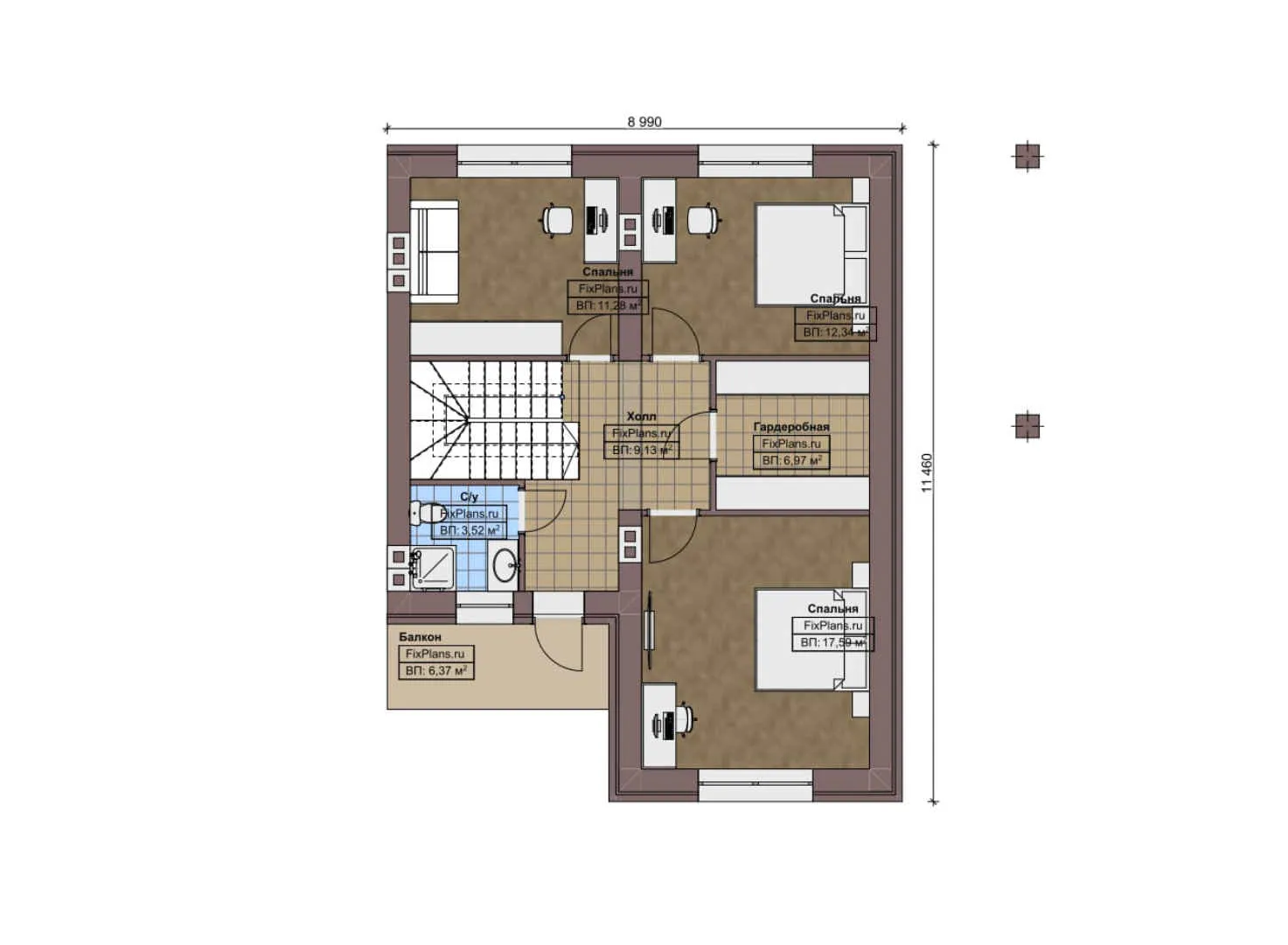 F-7676 - Планы дома с мансардой 12 на 16, площадью 190 м² с террасой, балконом, гаражом на 1 машину и 4 спальнями