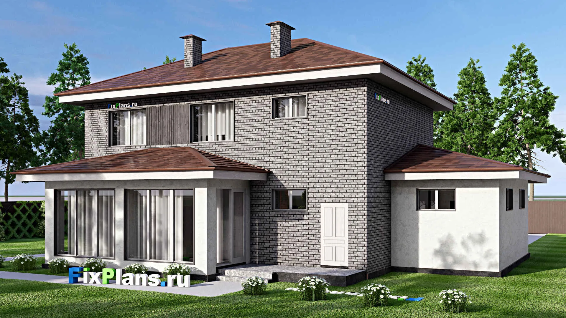 F-15191 - Проект двухэтажного дома 16 на 18, площадью 270 м² с террасой, гаражом на 2 машины и 4 спальнями