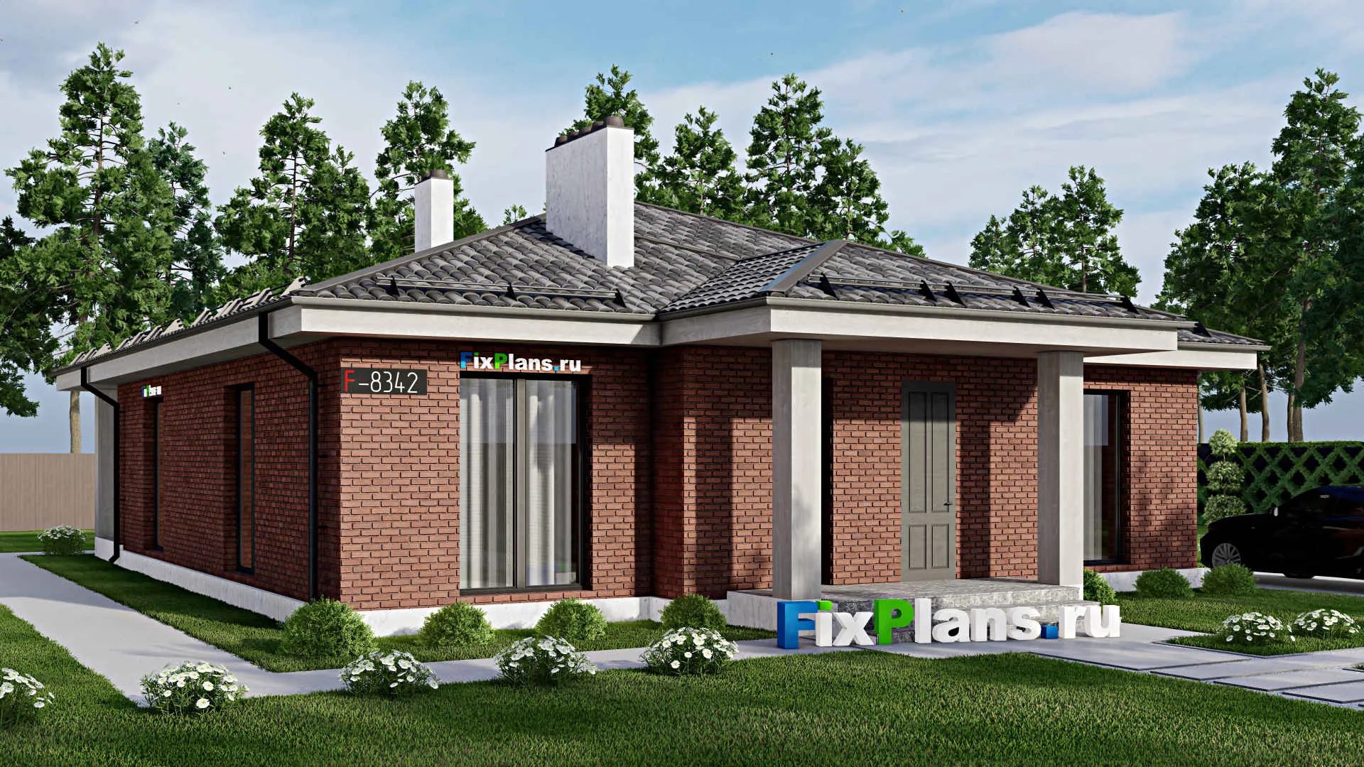 F-8342 - Проект одноэтажного дома 14 на 19, площадью 170 м² с террасой и 3 спальнями