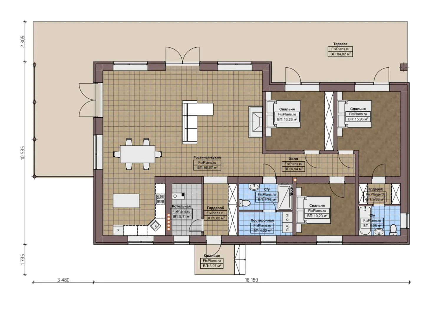F-2492 - План одноэтажного дома 11 на 19, площадью 240 м² с террасой и 3 спальнями