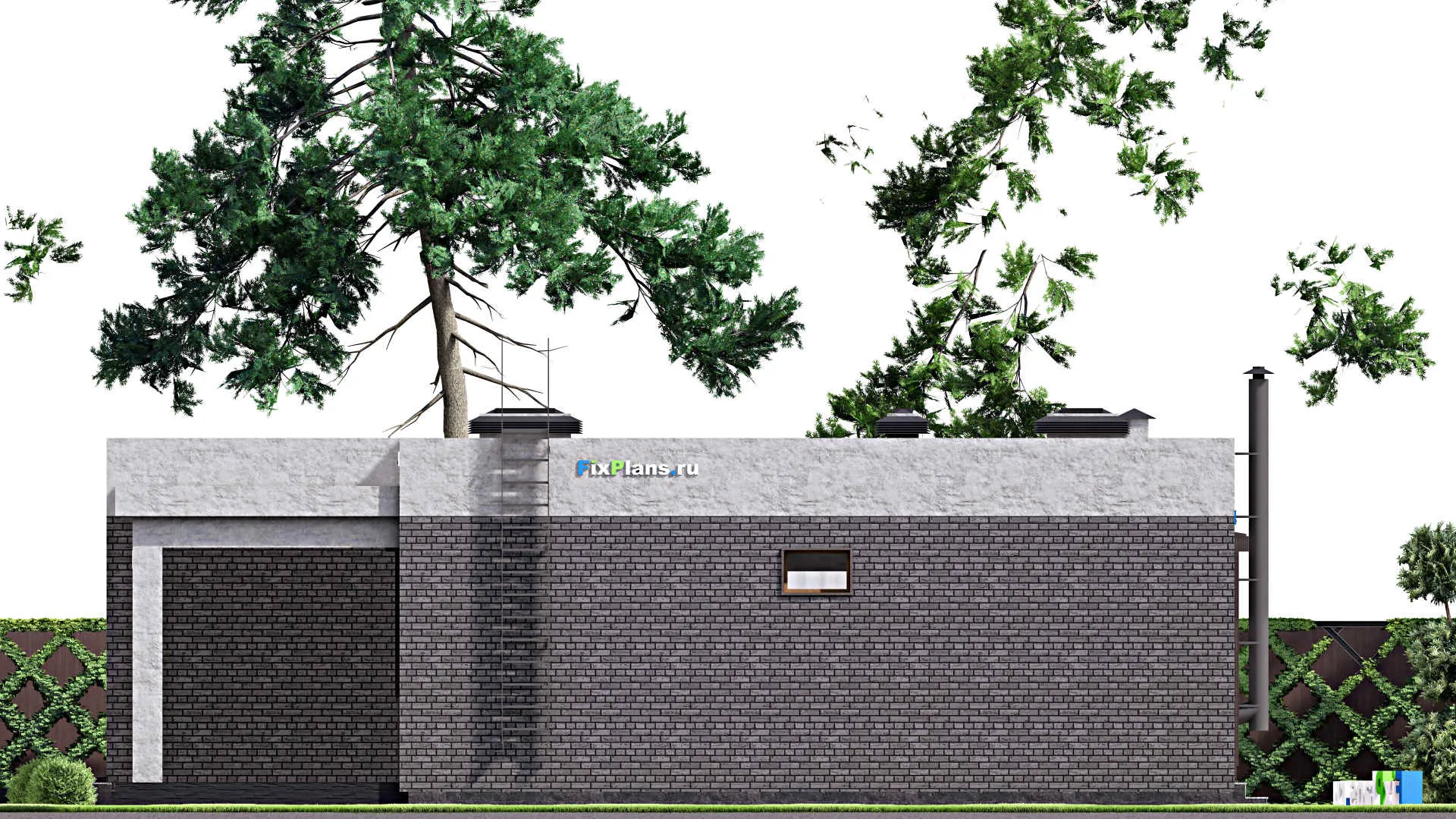 F-12779 - План одноэтажного дома 15 на 19, площадью 230 м² с террасой, баней, гаражом на 1 машину, спортзалом и 2 спальнями