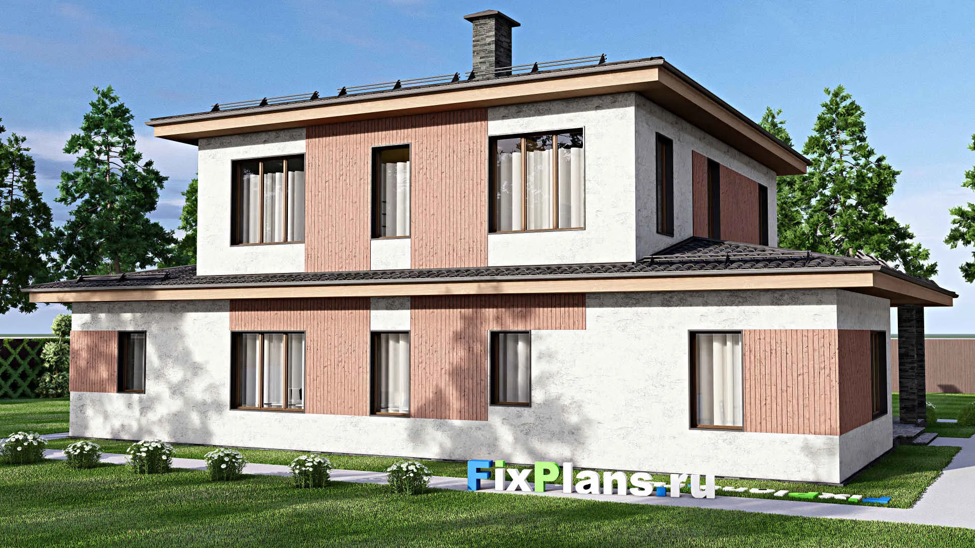 F-13076 - Проект двухэтажного дома 14 на 19, площадью 260 м² с террасой, баней и 4 спальнями