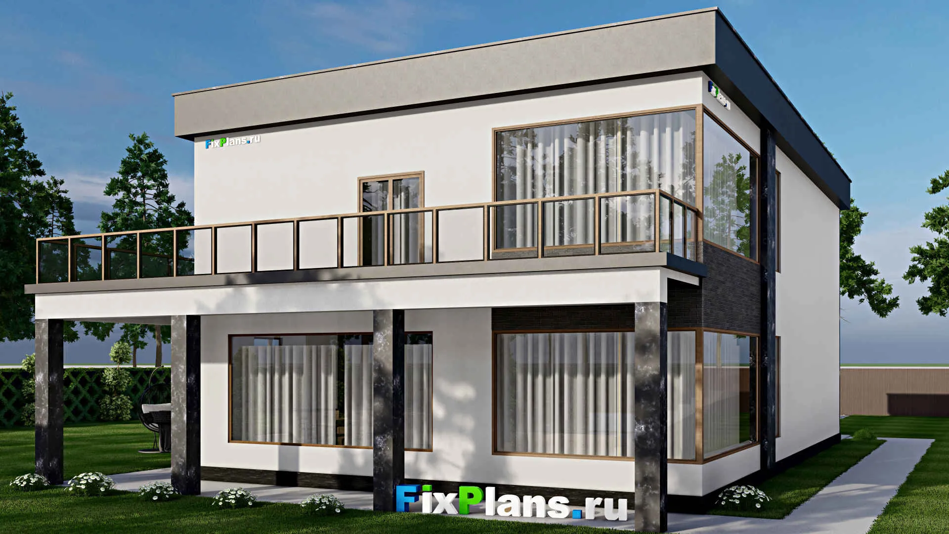 F-8855 - Планы двухэтажного дома 14 на 24, площадью 440 м² с террасой, балконом, гаражом на 2 машины и 6 спальнями