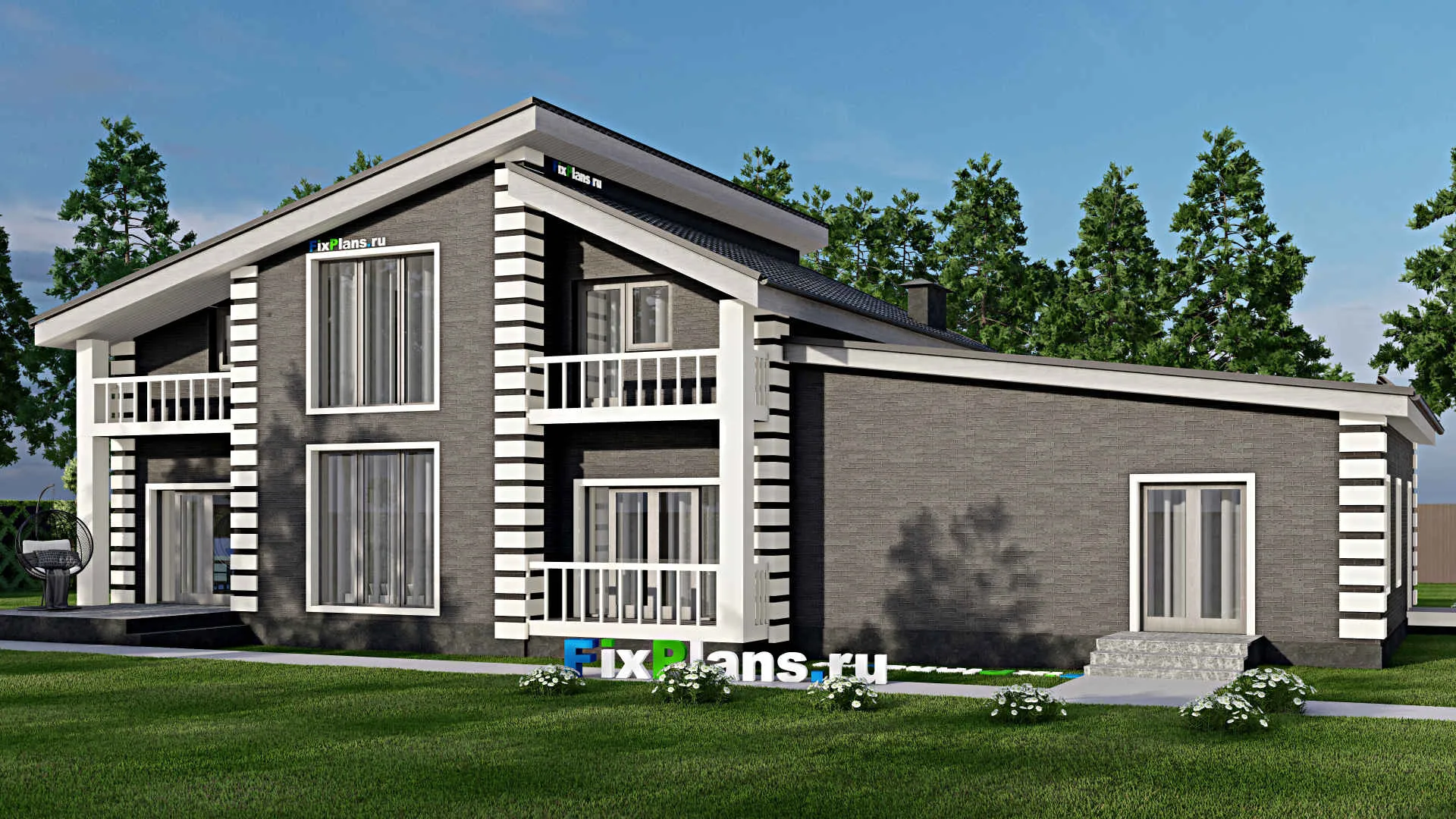 F-6218 - Планы дома с мансардой 16 на 22, площадью 310 м² с террасой, балконом, гаражом на 2 машины и 6 спальнями