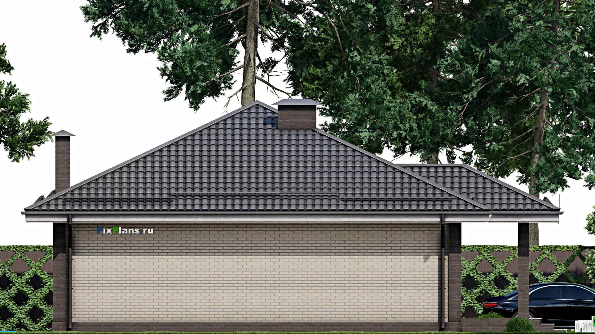 F-4679 - Проект одноэтажного дома 12 на 17, площадью 160 м² с гаражом на 1 машину и 2 спальнями