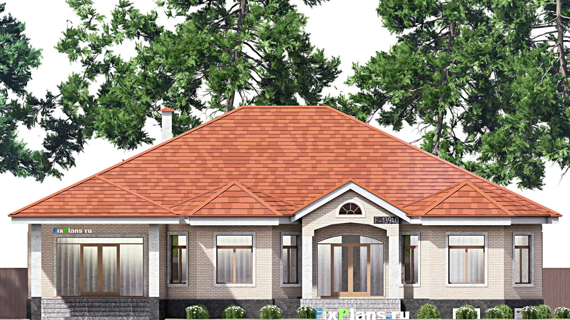 F-13940 - Проект одноэтажного дома 19 на 21, площадью 380 м² с террасой, цокольным этажом и 3 спальнями