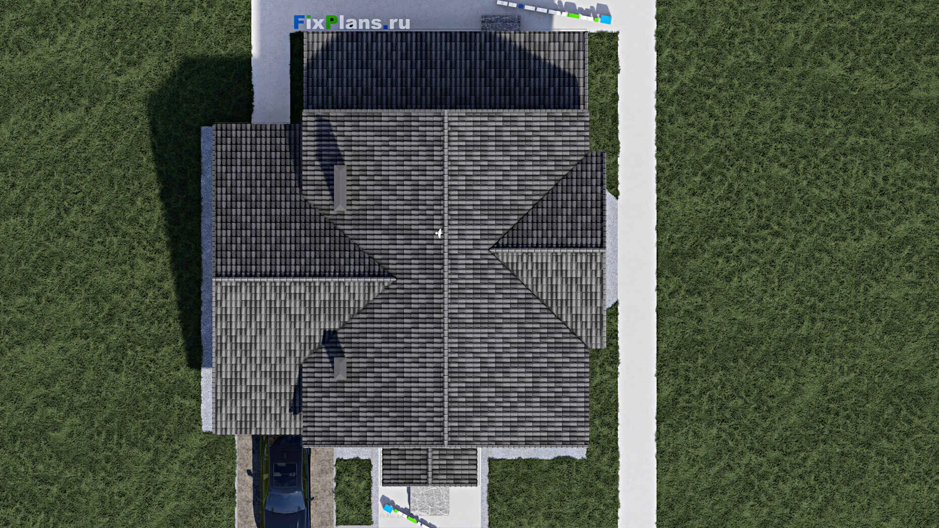 F-1385 - Проект дома с мансардой 12 на 15, площадью 330 м² с террасой, балконом, цокольным этажом, гаражом на 1 машину, спортзалом и 4 спальнями