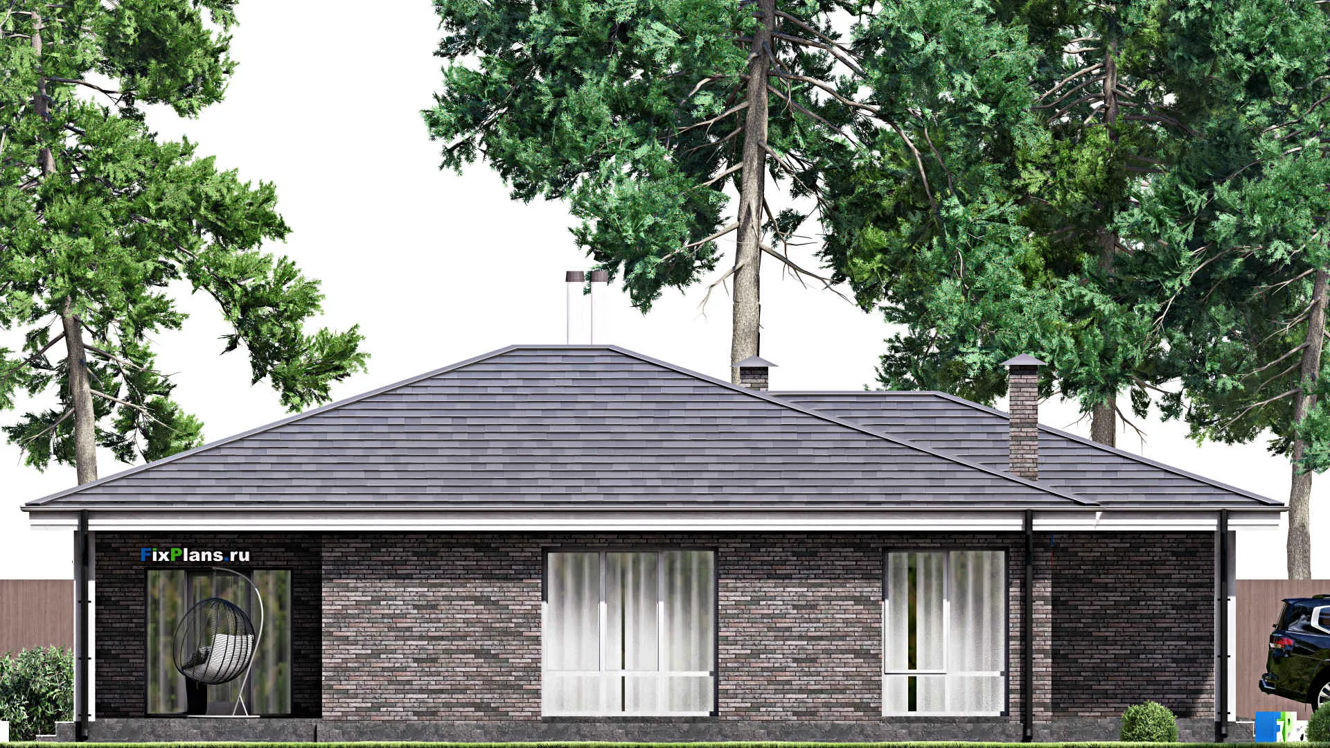 F-14714 - Проект одноэтажного дома 13 на 17, площадью 160 м² с террасой, гаражом на 2 машины и 3 спальнями