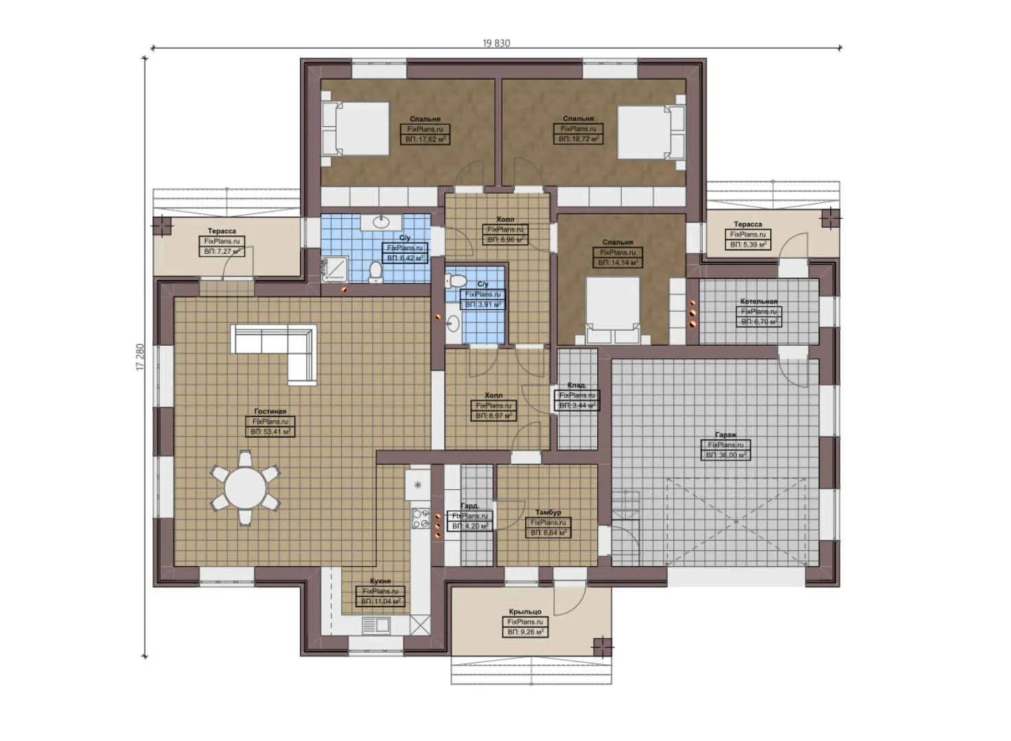 F-0215 - План одноэтажного дома 18 на 20, площадью 230 м² с террасой, гаражом на 2 машины и 3 спальнями