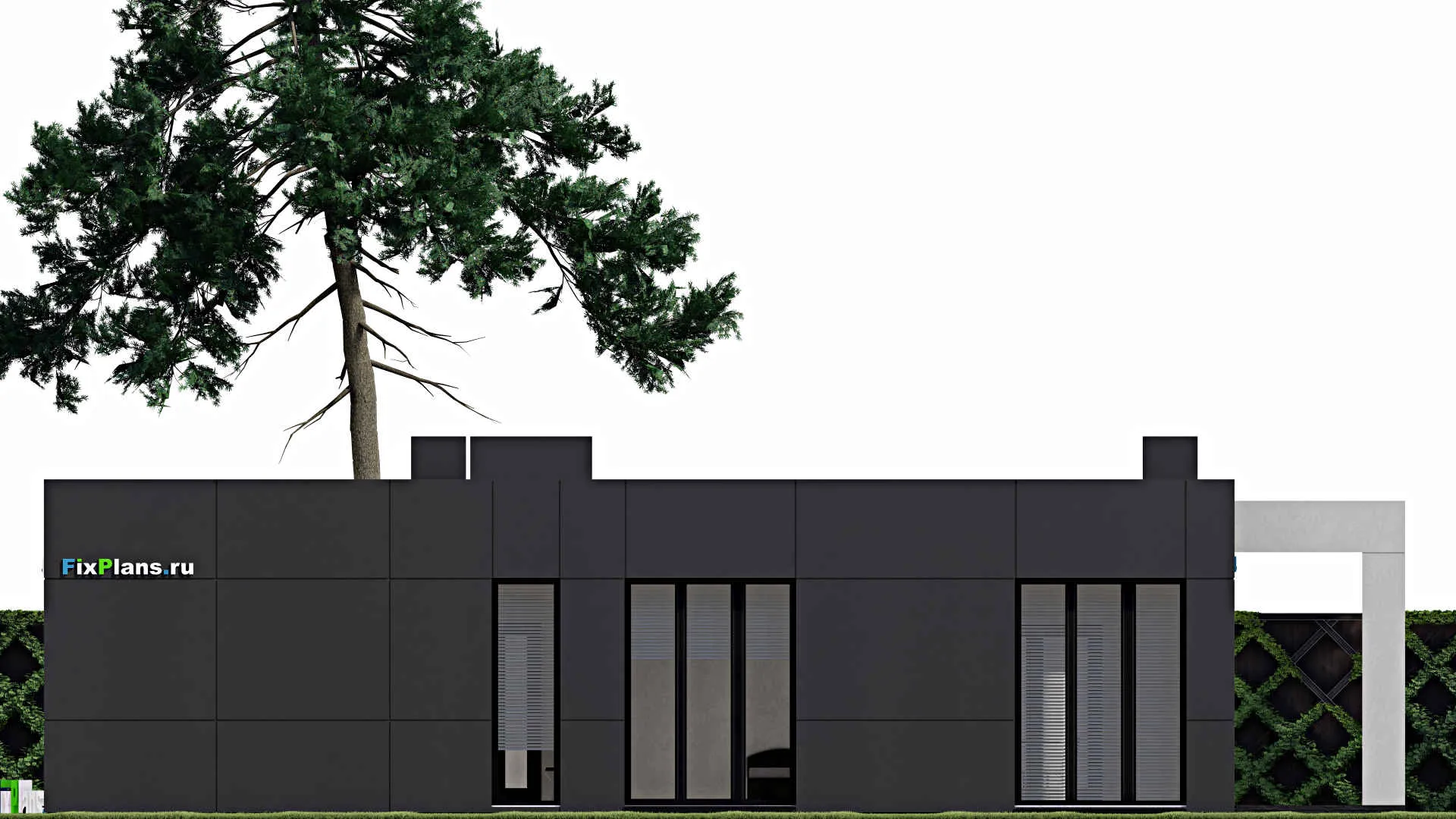 F-1079 - План одноэтажного дома 14 на 19, площадью 220 м² с террасой, гаражом на 1 машину и 3 спальнями