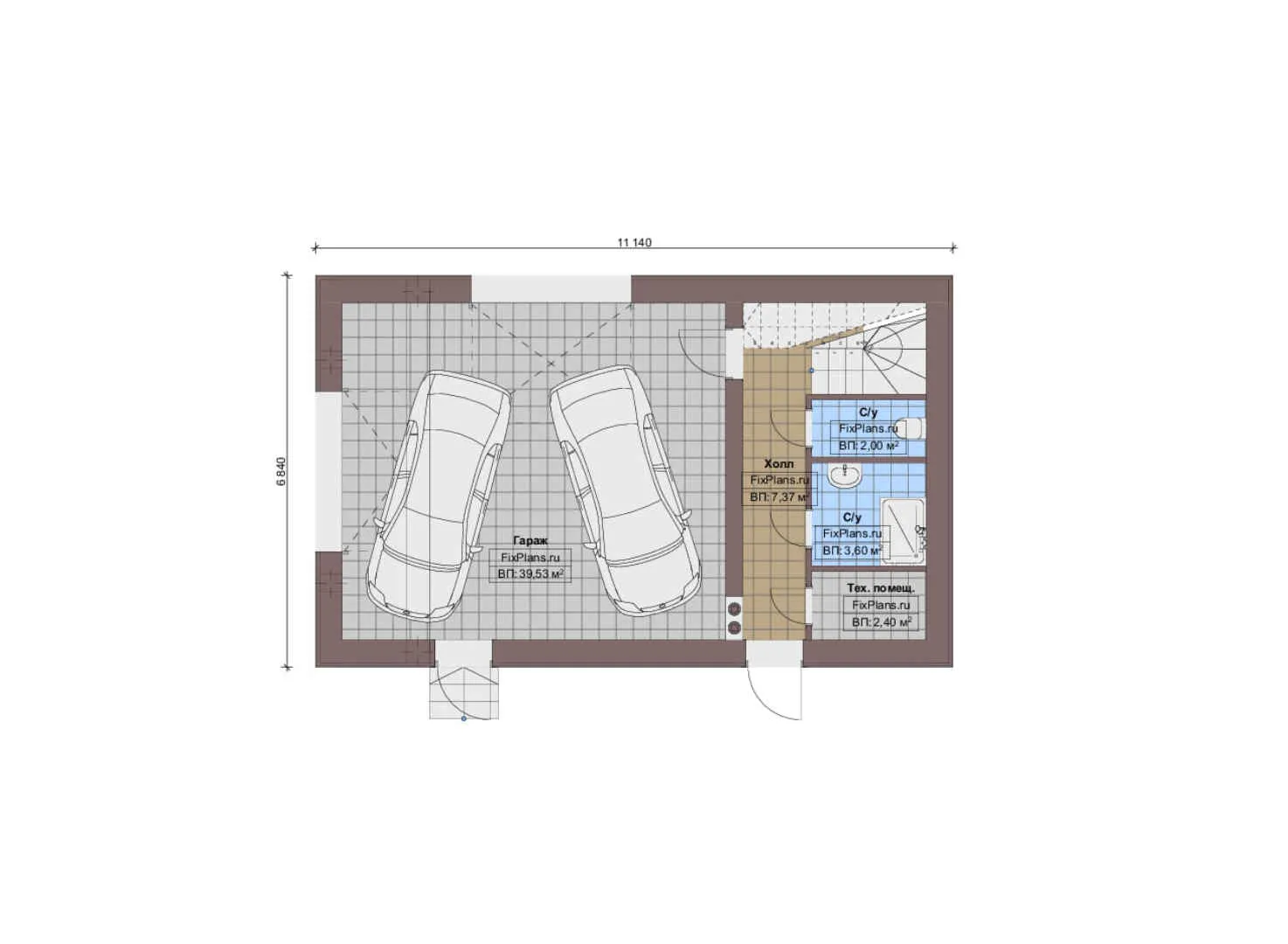 F-17459 - Планы дома с мансардой 7 на 12, площадью 110 м² с гаражом на 2 машины и 1 спальнями