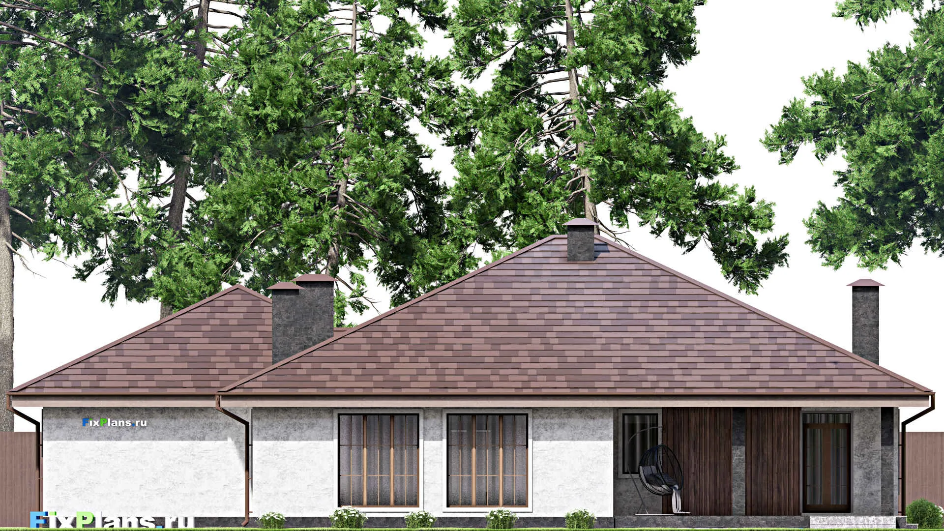 F-13319 - Проект одноэтажного дома 21 на 22, площадью 260 м² с террасой, гаражом на 2 машины и 3 спальнями