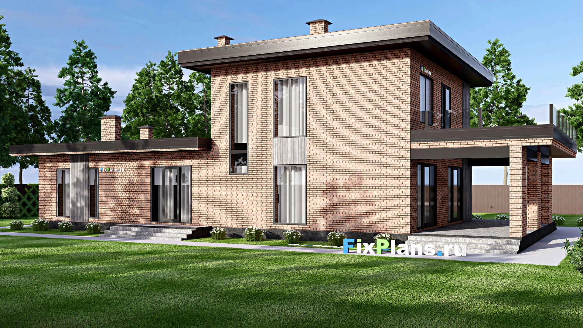 F-16838 - Проект одноэтажного дома 14 на 25, площадью 380 м² с террасой, балконом и 4 спальнями