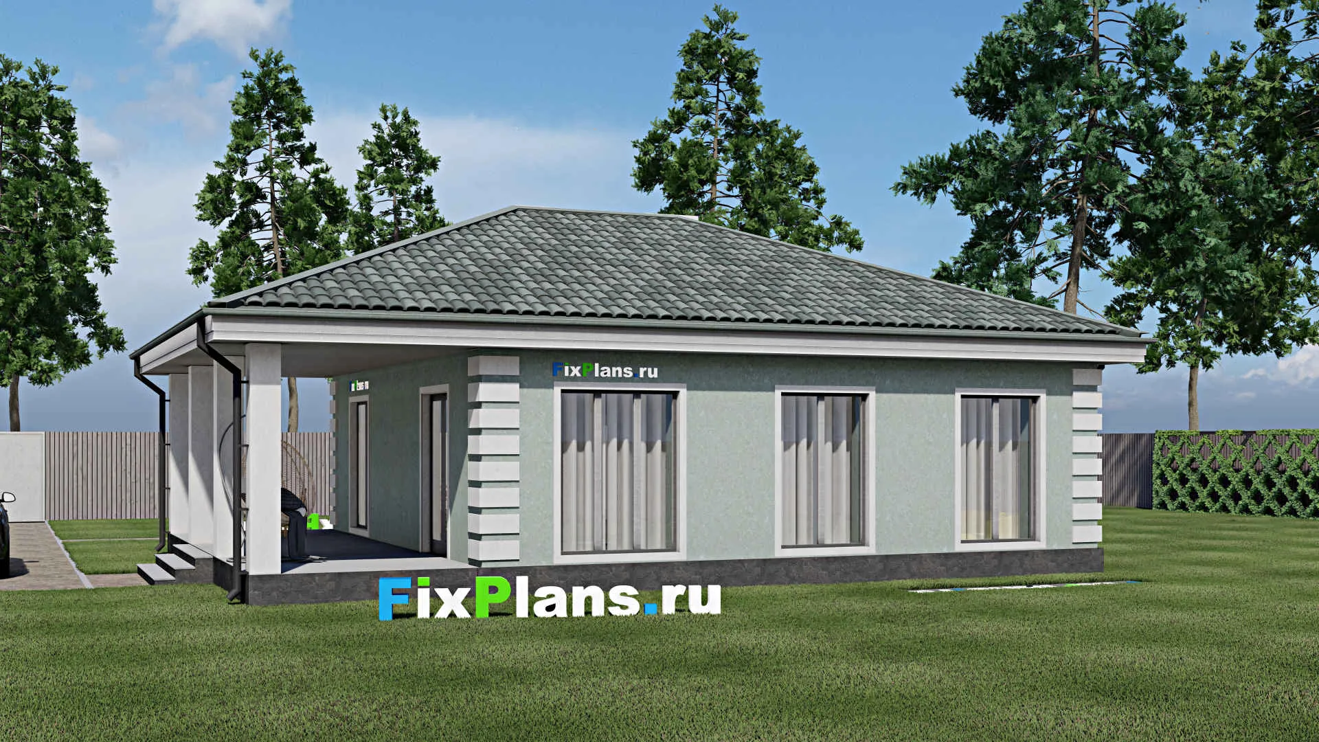 F-1187 - Проект одноэтажного дома 10 на 10, площадью 120 м² с террасой и 3 спальнями