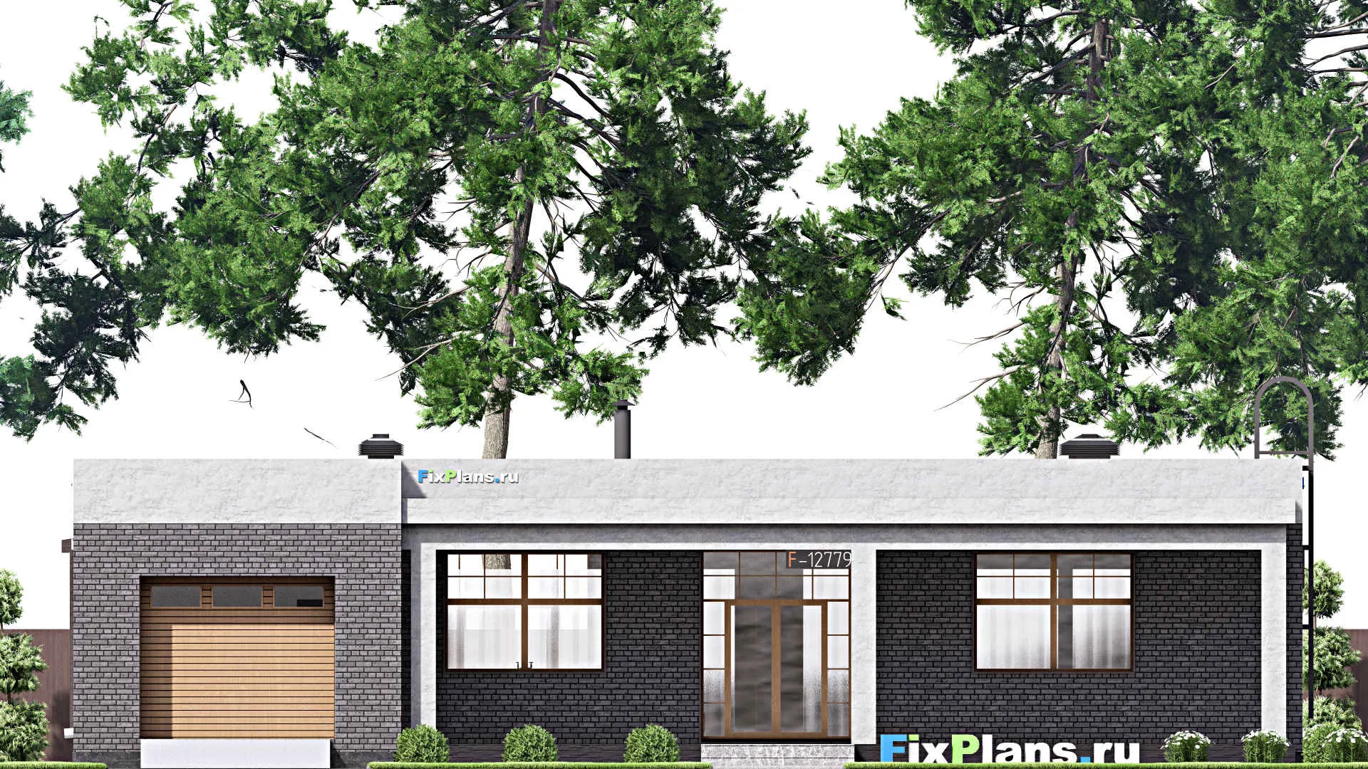 F-12779 - План одноэтажного дома 15 на 19, площадью 230 м² с террасой, баней, гаражом на 1 машину, спортзалом и 2 спальнями