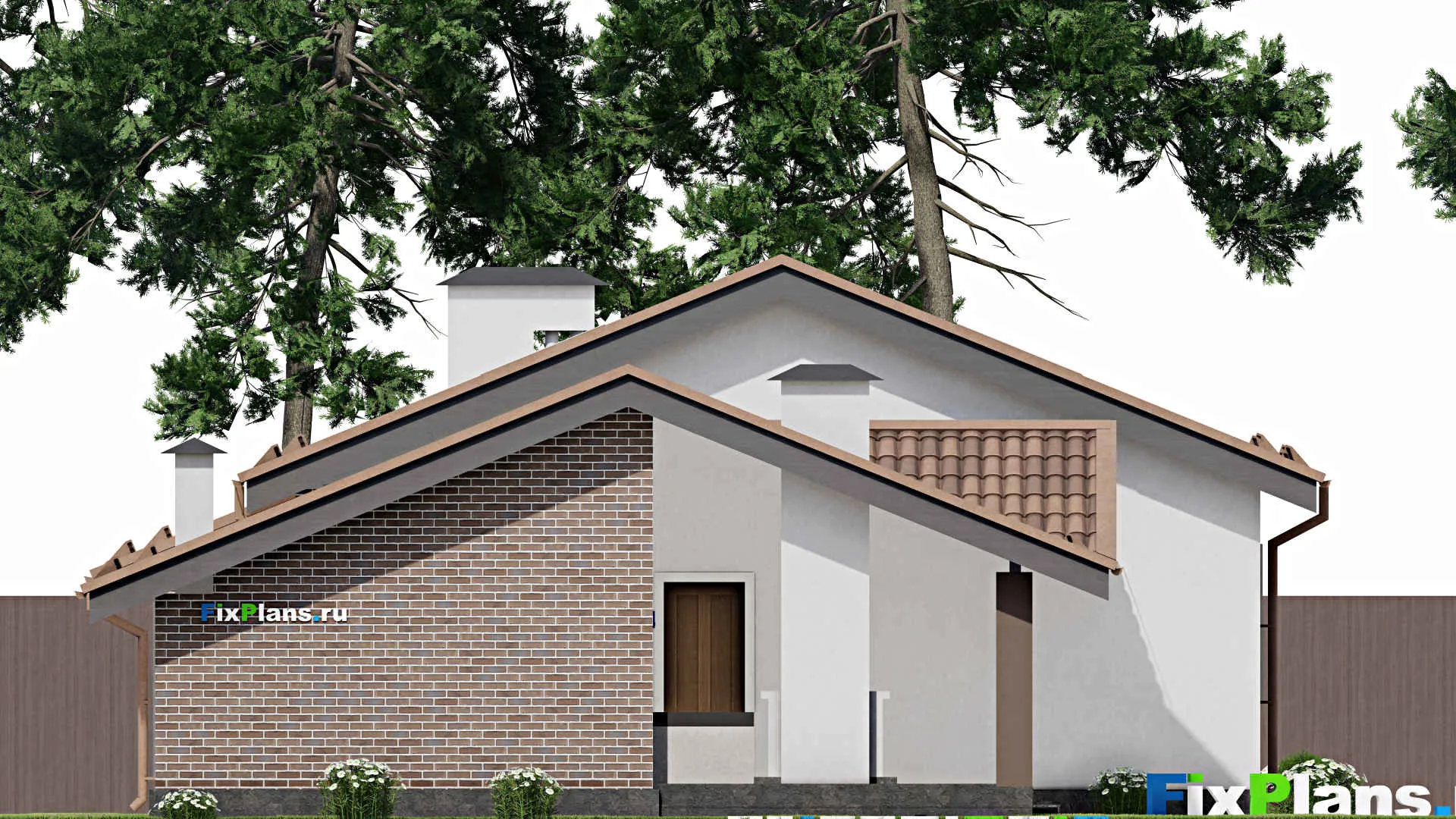 F-9053 - Проект одноэтажного дома 12 на 26, площадью 190 м² с террасой, баней, гаражом на 1 машину и 2 спальнями