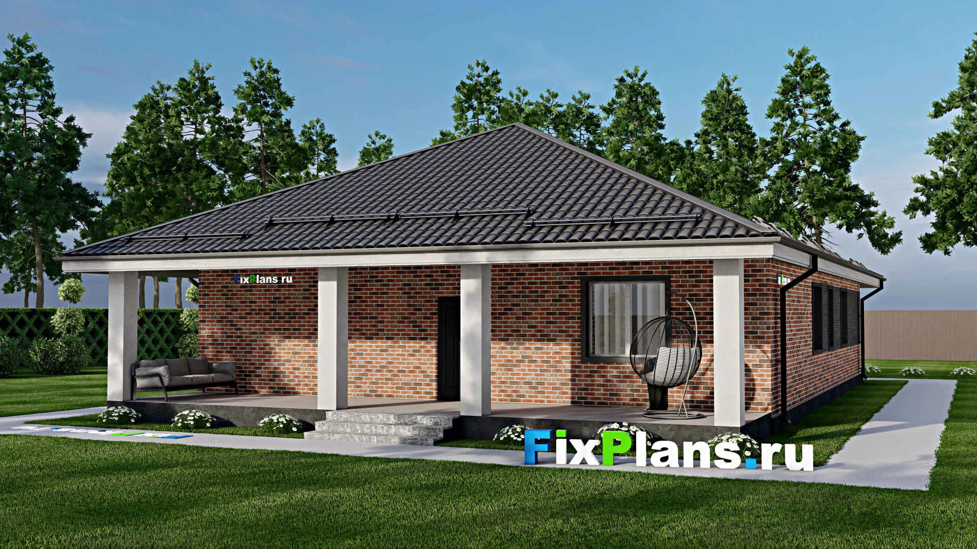 F-3788 - Проект одноэтажного дома 13 на 17, площадью 200 м² с террасой и 4 спальнями