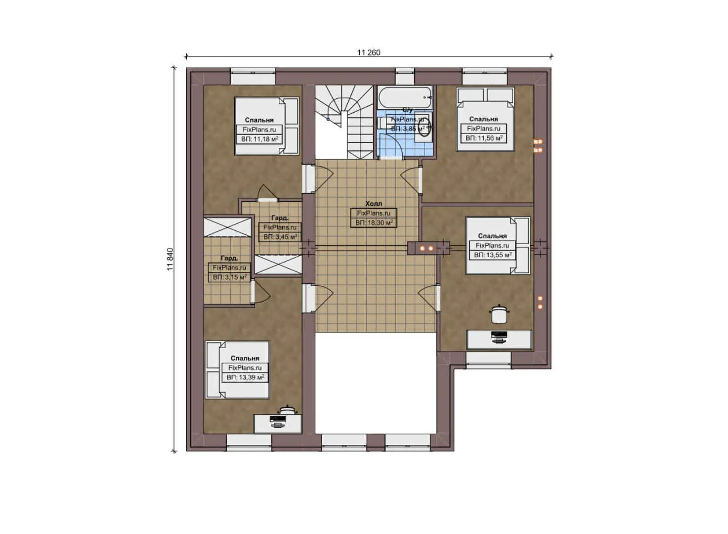 F-12239 - Планы двухэтажного дома 12 на 15, площадью 210 м² с 5 спальнями
