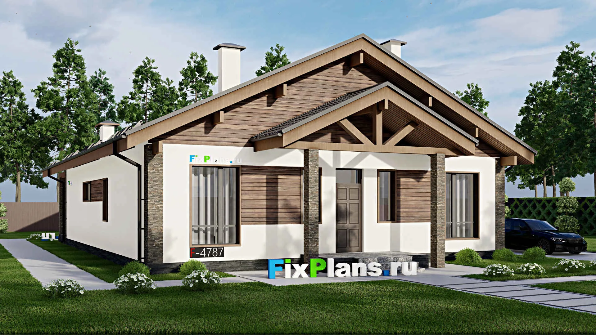 F-4787 - Проект одноэтажного дома 13 на 17, площадью 200 м² с террасой и 4 спальнями