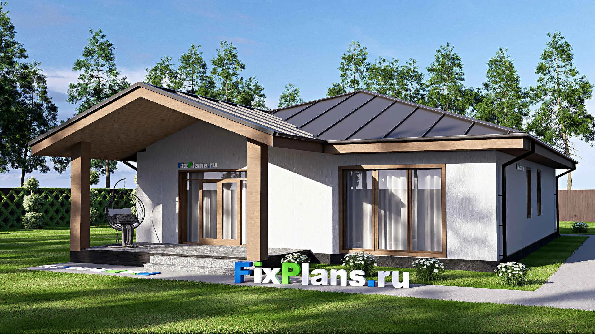 F-18359 - Проект одноэтажного дома 13 на 19, площадью 180 м² с террасой и 3 спальнями