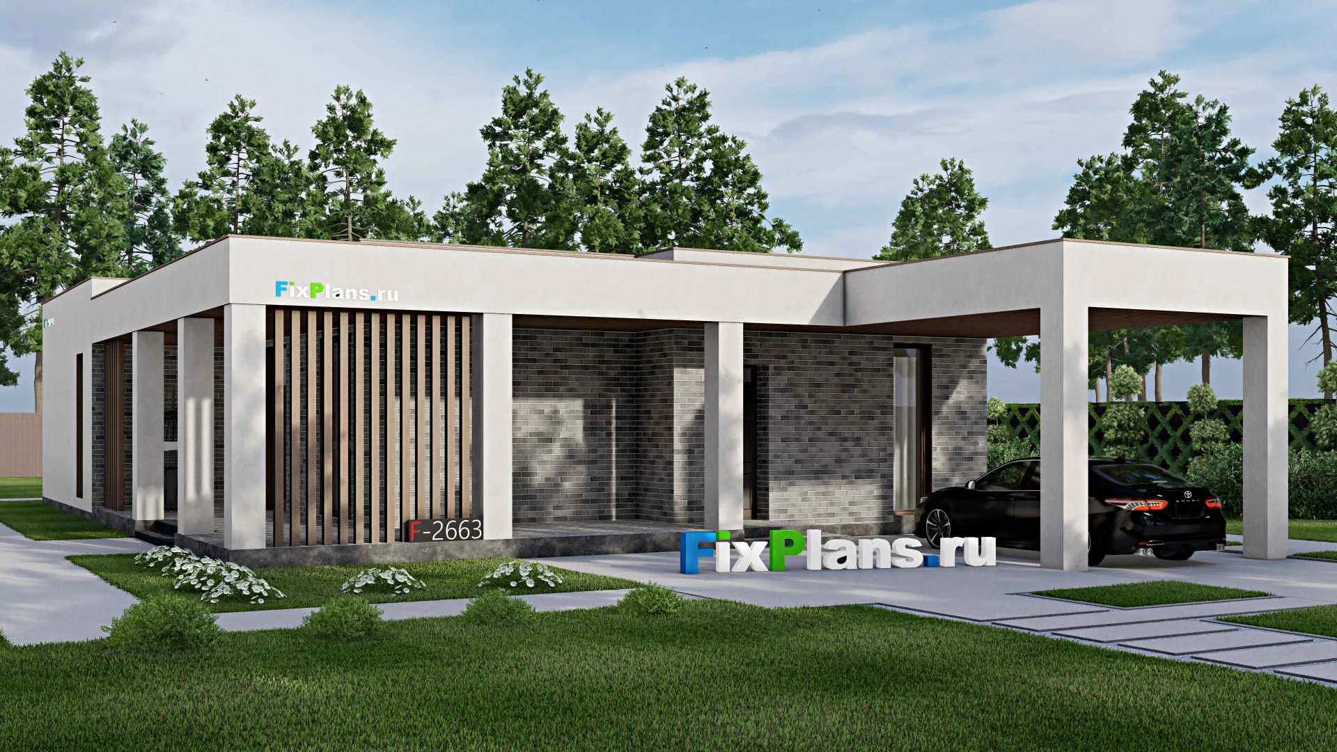 F-2663 - Проект одноэтажного дома 13 на 16, площадью 210 м² с террасой и 3 спальнями