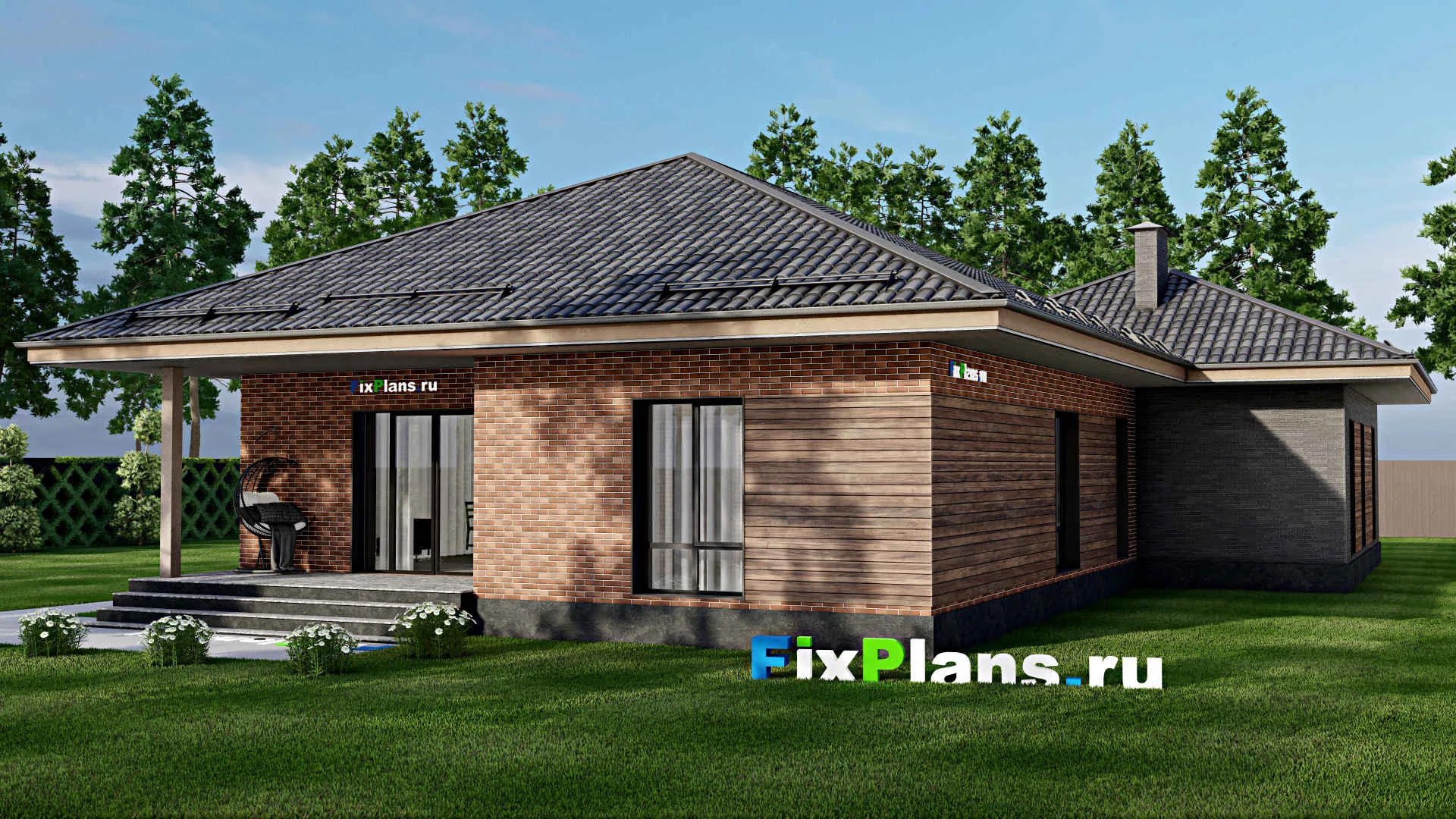 F-2429 - План одноэтажного дома 16 на 22, площадью 200 м² с террасой, гаражом на 2 машины и 2 спальнями