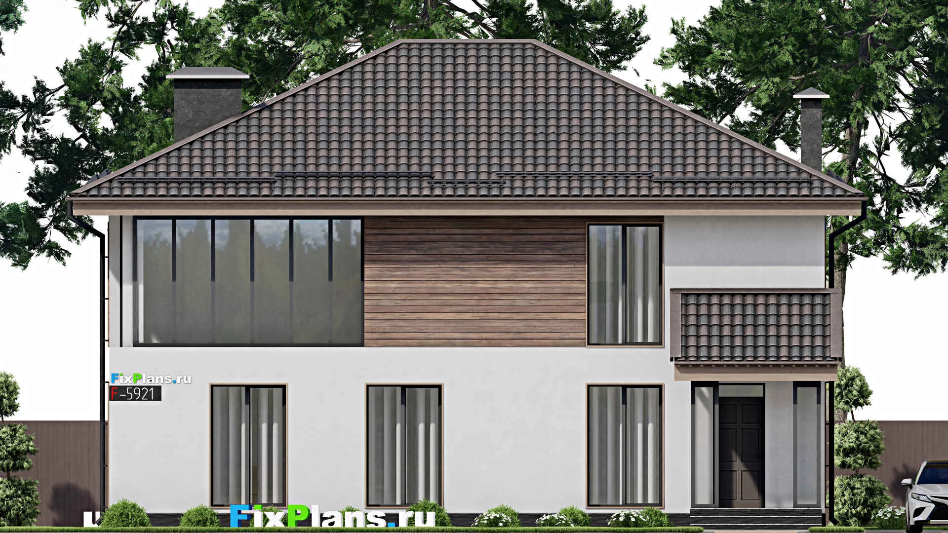 F-5921 - Проект двухэтажного дома 12 на 14, площадью 250 м² с балконом, баней и 4 спальнями