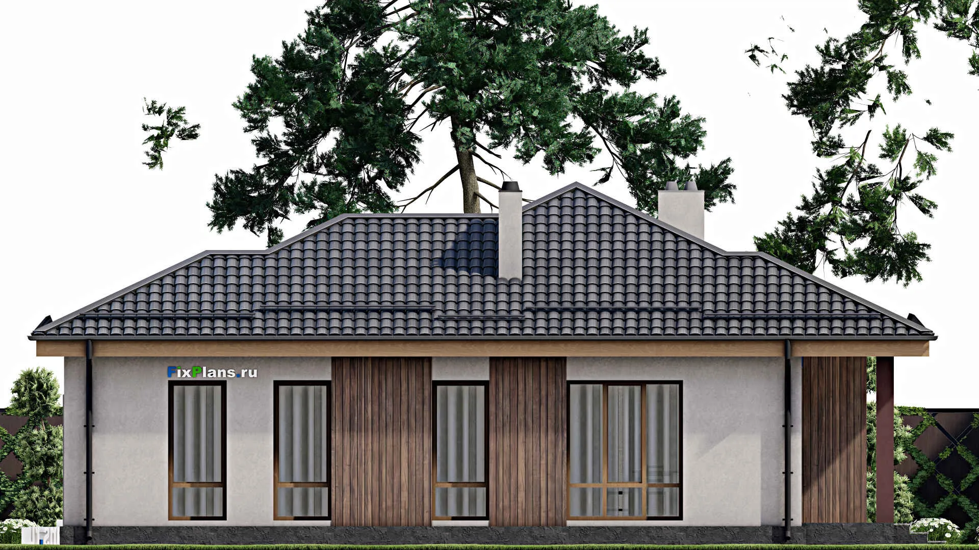 F-7856 - План одноэтажного дома 15 на 16, площадью 150 м² с террасой, гаражом на 1 машину и 2 спальнями