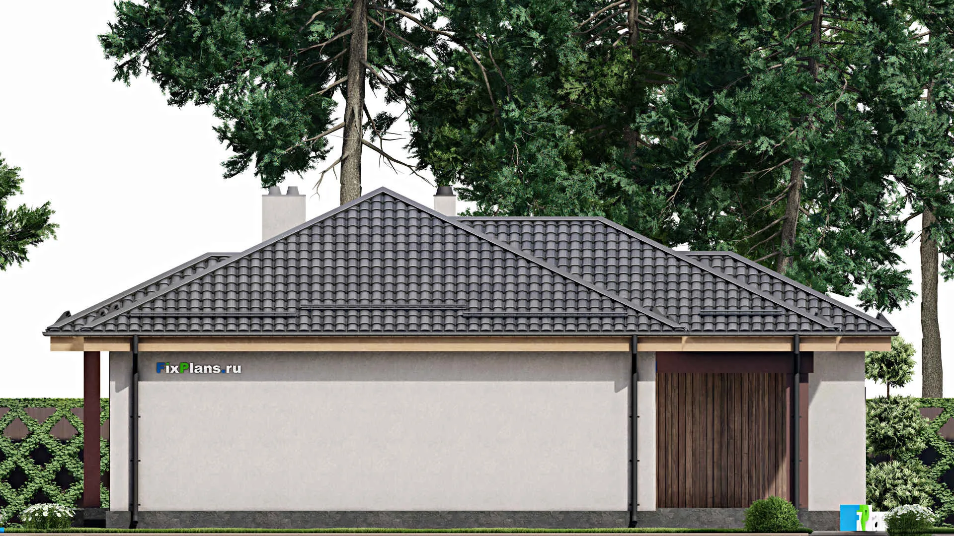 F-7856 - План одноэтажного дома 15 на 16, площадью 150 м² с террасой, гаражом на 1 машину и 2 спальнями