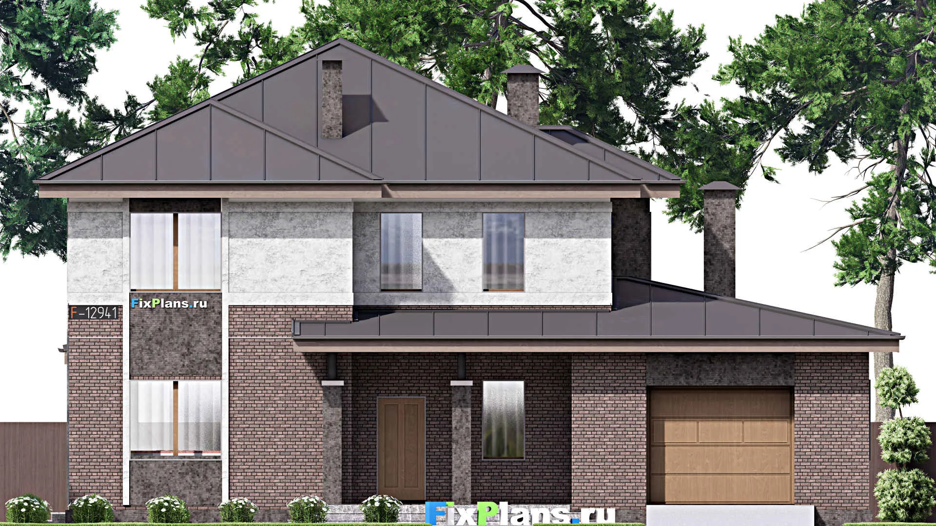 F-12941 - Проект двухэтажного дома 17 на 17, площадью 260 м² с террасой, гаражом на 1 машину и 4 спальнями