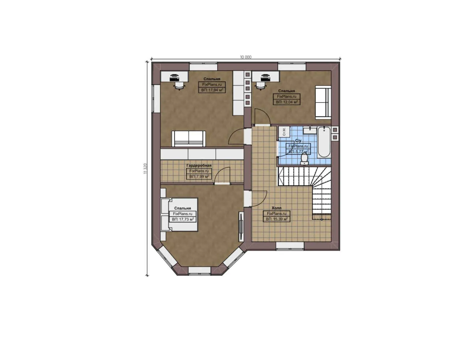 F-1475 - Планы двухэтажного дома 12 на 17, площадью 280 м² с террасой, гаражом на 2 машины и 3 спальнями