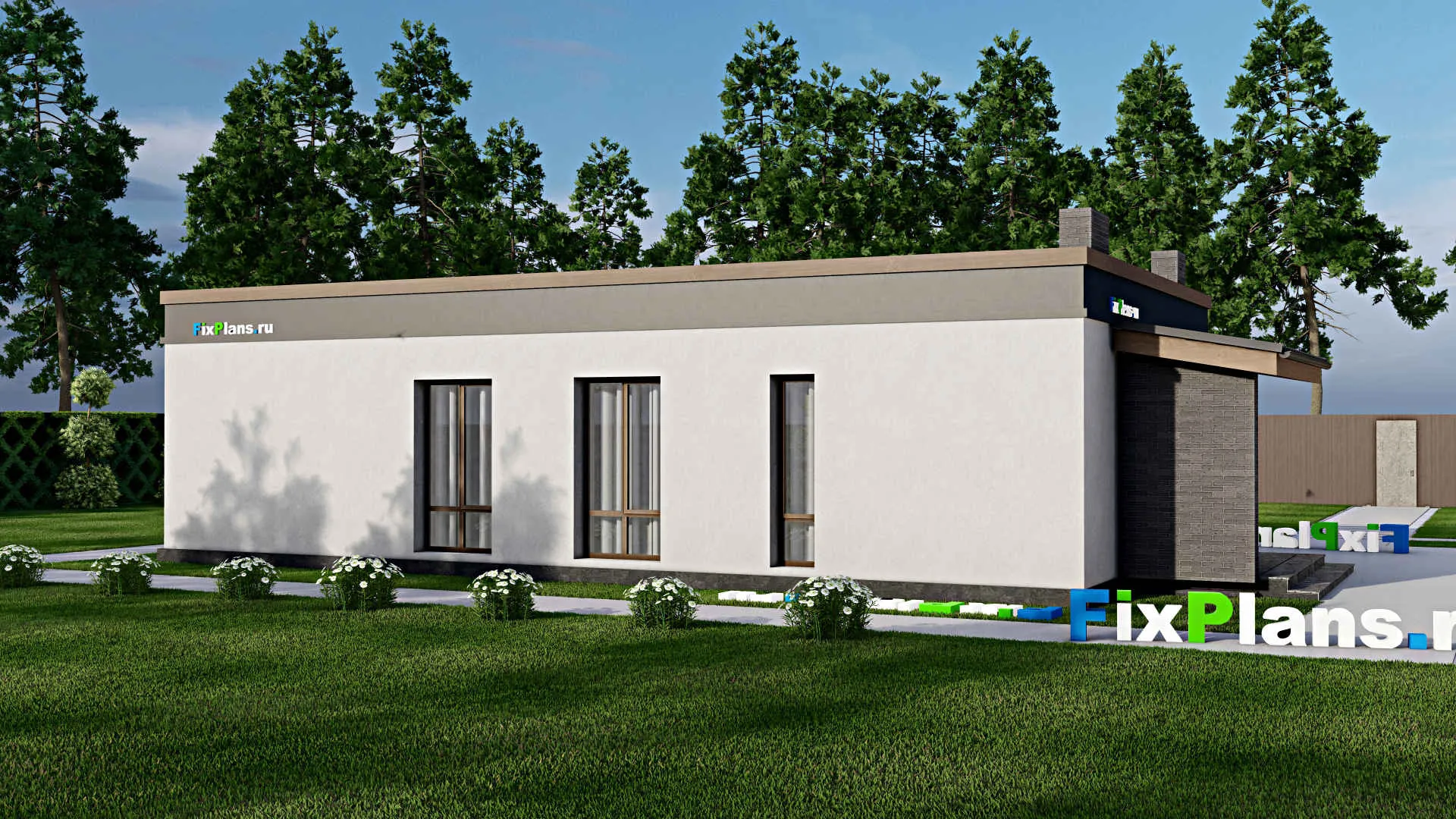 F-7973 - План одноэтажного дома 9 на 16, площадью 100 м² с террасой и 3 спальнями