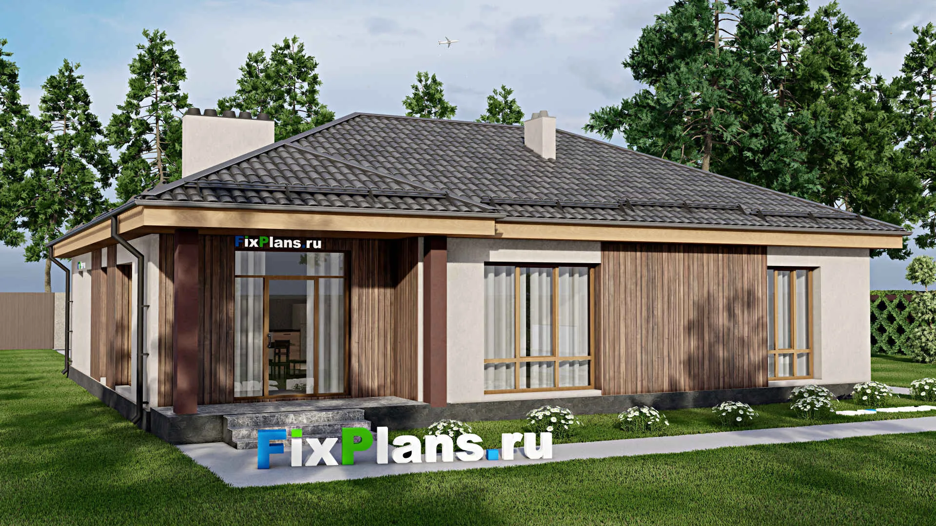 F-7856 - План одноэтажного дома 15 на 16, площадью 150 м² с террасой, гаражом на 1 машину и 2 спальнями