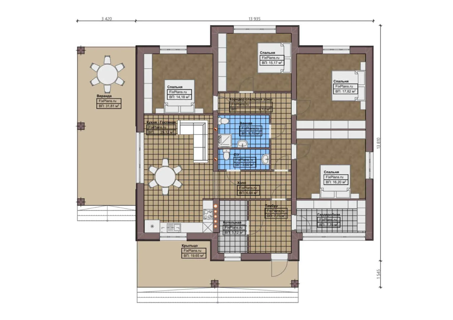 F-0467 - План одноэтажного дома 14 на 14, площадью 190 м² с террасой и 5 спальнями