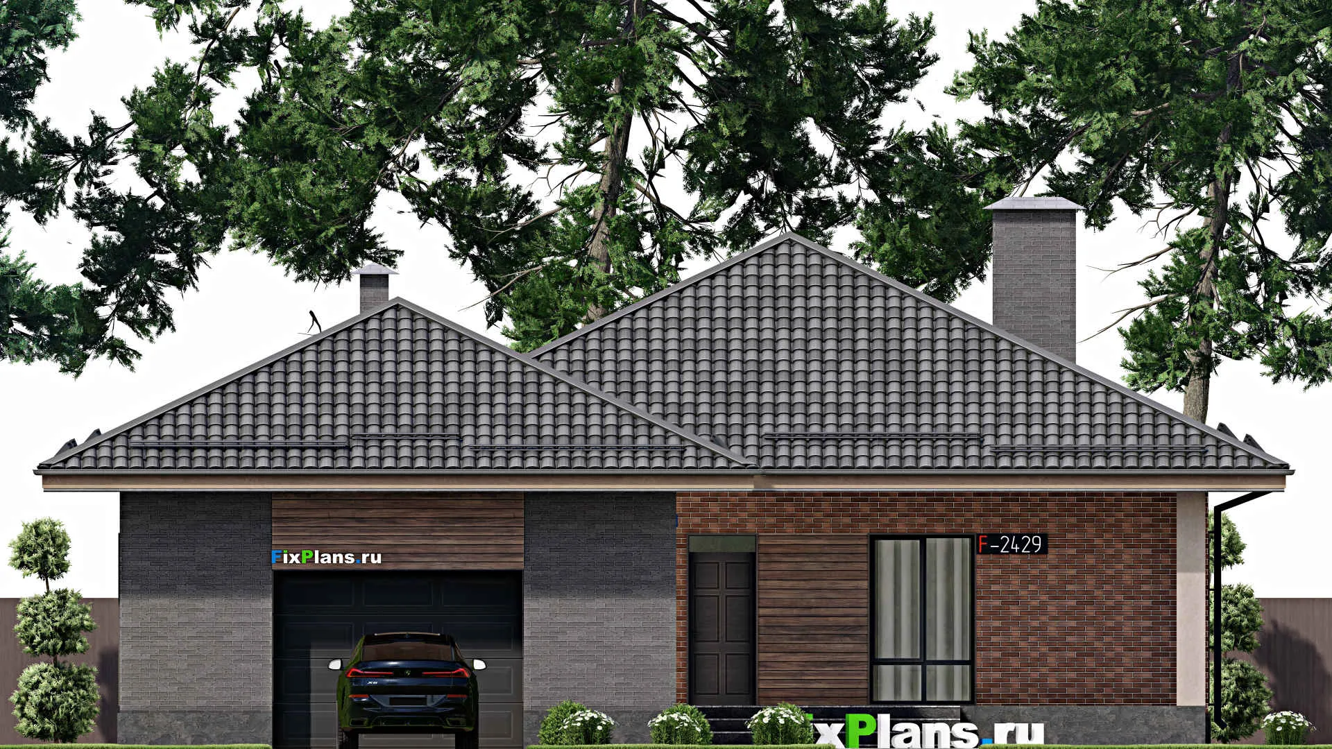 F-2429 - План одноэтажного дома 16 на 22, площадью 200 м² с террасой, гаражом на 2 машины и 2 спальнями