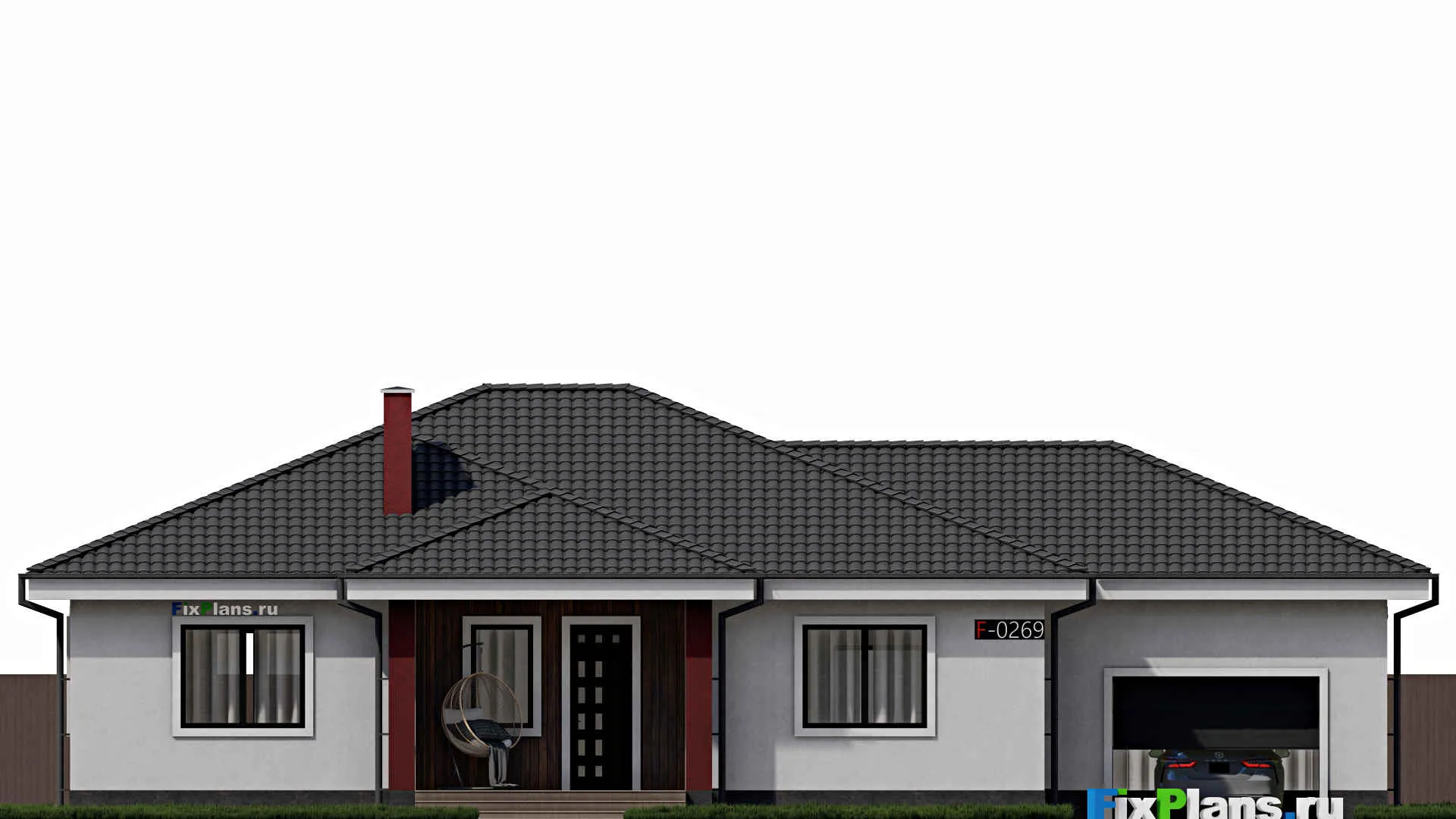 F-0269 - План одноэтажного дома 12 на 20, площадью 180 м² с террасой, гаражом на 1 машину и 3 спальнями
