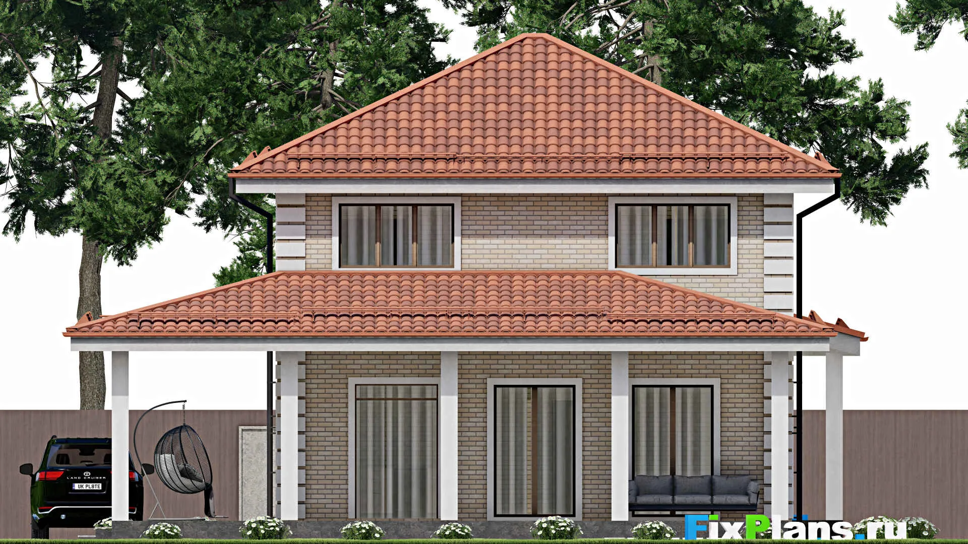 F-9539 - Проект двухэтажного дома 13 на 16, площадью 180 м² с террасой и 4 спальнями