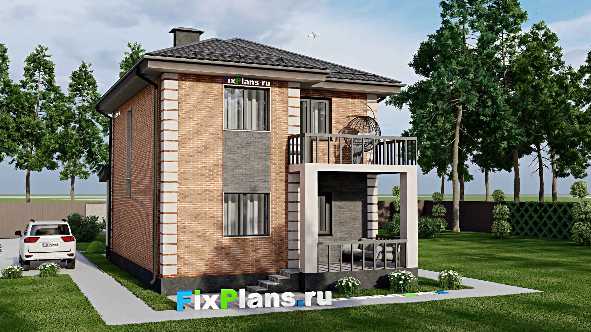 F-3824 - Планы двухэтажного дома 8 на 11, площадью 130 м² с террасой, балконом и 3 спальнями