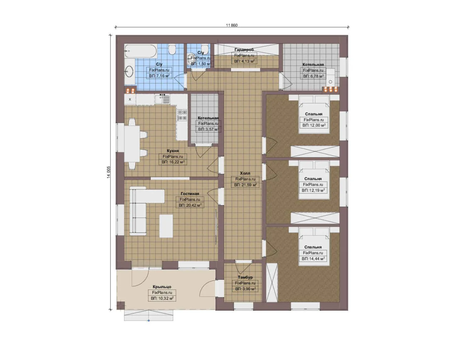 F-13499 - План одноэтажного дома 12 на 15, площадью 140 м² с 3 спальнями