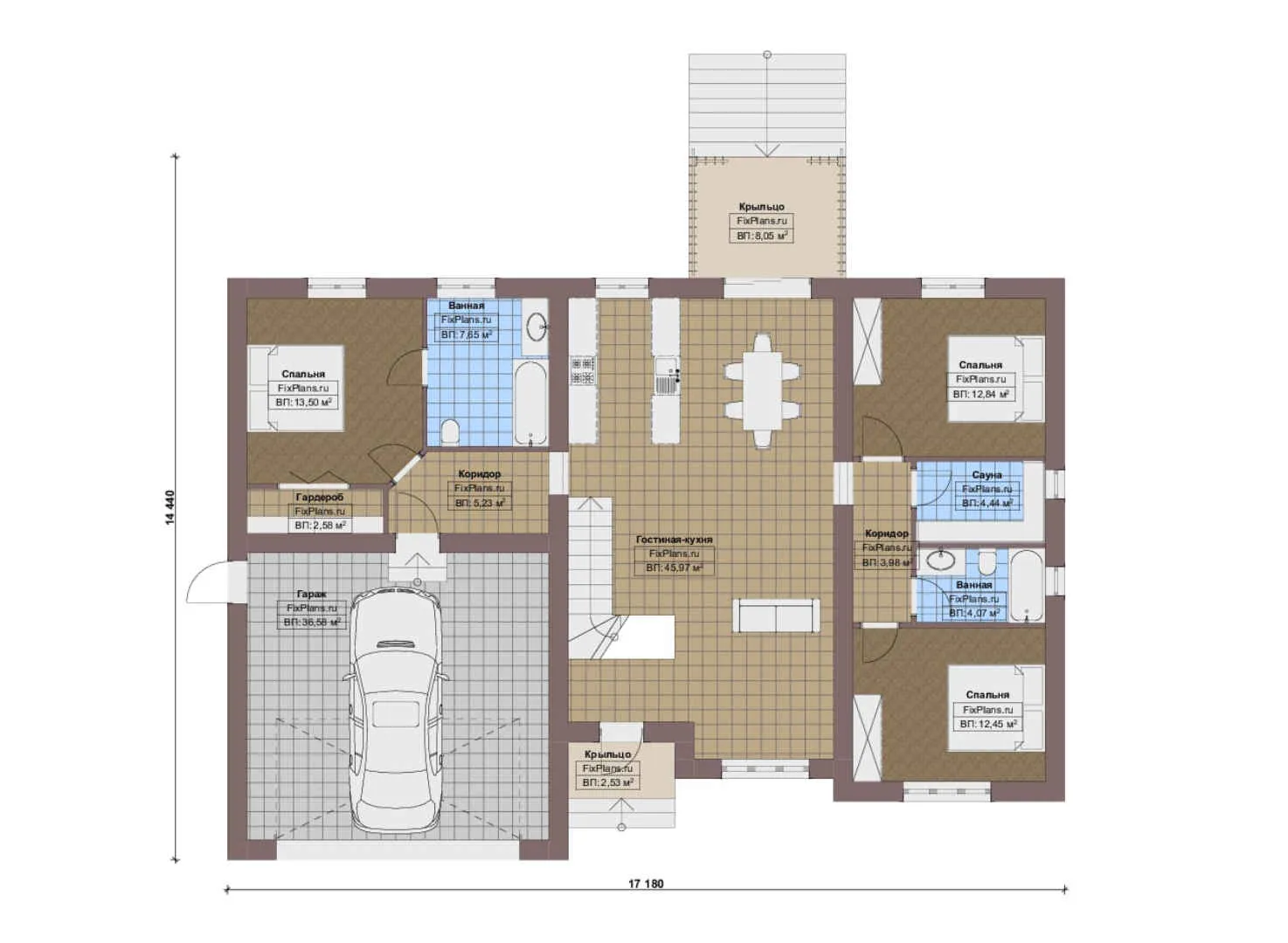 F-20339 - План одноэтажного дома 15 на 18, площадью 280 м² с цокольным этажом, баней, гаражом на 2 машины и 3 спальнями