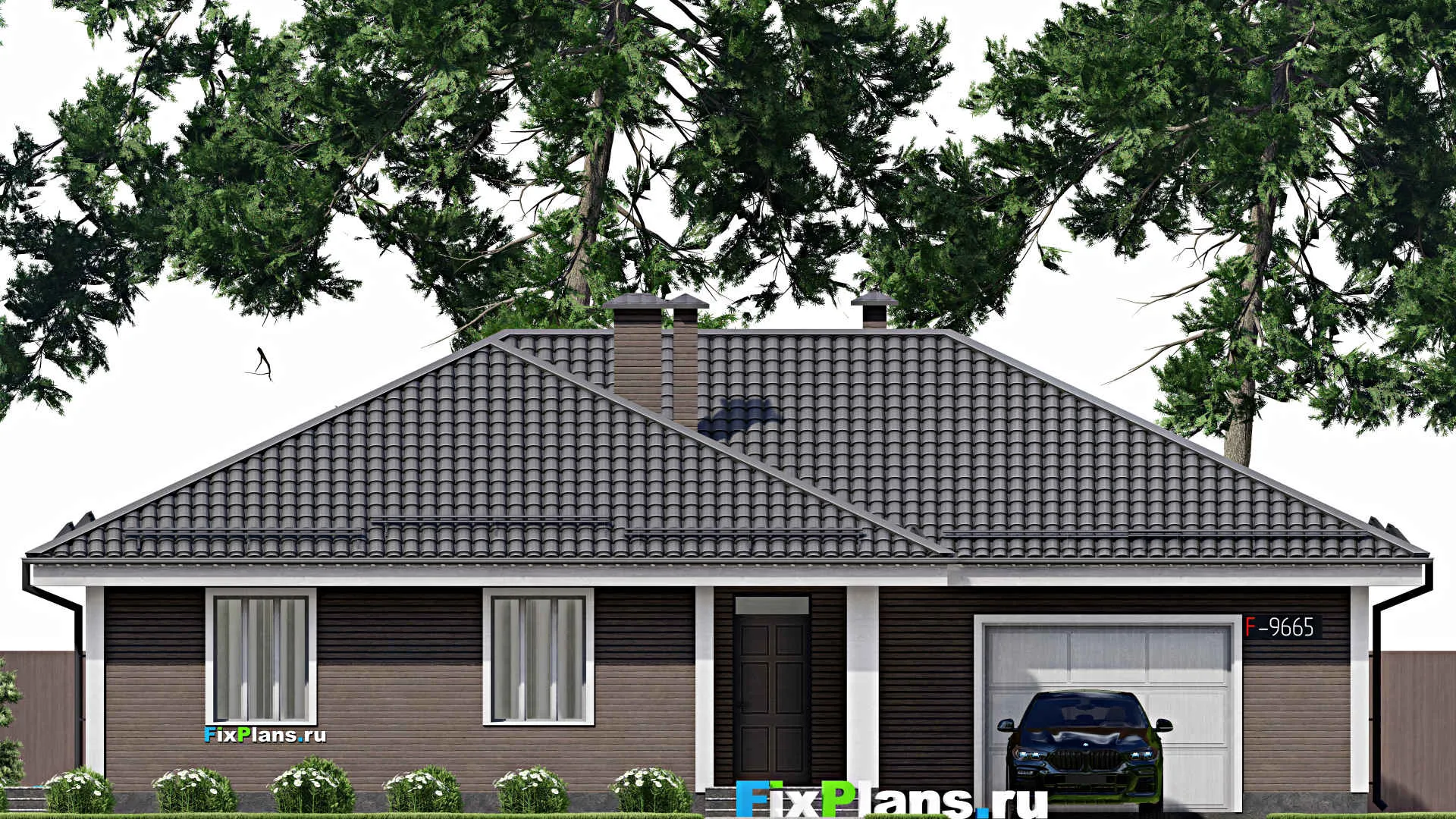 F-9665 - План одноэтажного дома 18 на 19, площадью 240 м² с террасой, гаражом на 1 машину и 3 спальнями