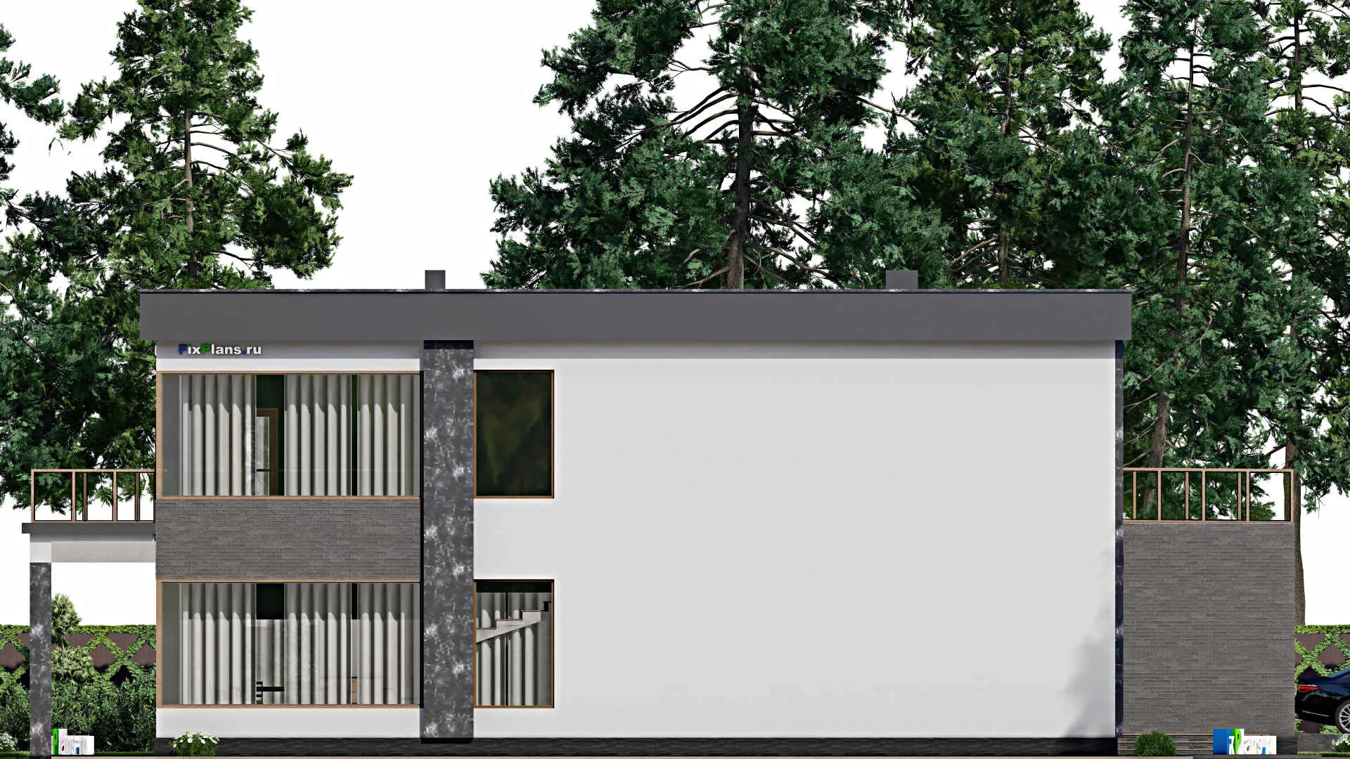 F-8855 - Планы двухэтажного дома 14 на 24, площадью 440 м² с террасой, балконом, гаражом на 2 машины и 6 спальнями