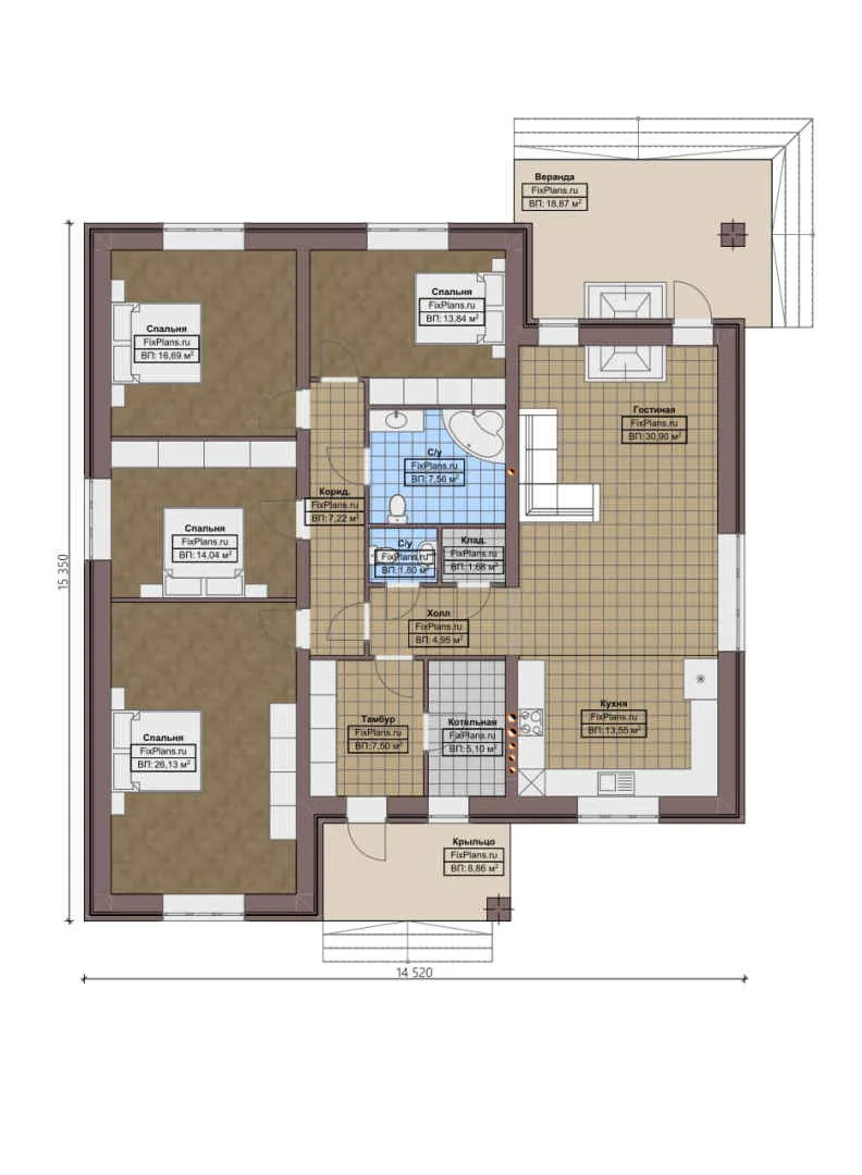 F-0233 - План одноэтажного дома 15 на 16, площадью 180 м² с террасой и 4 спальнями