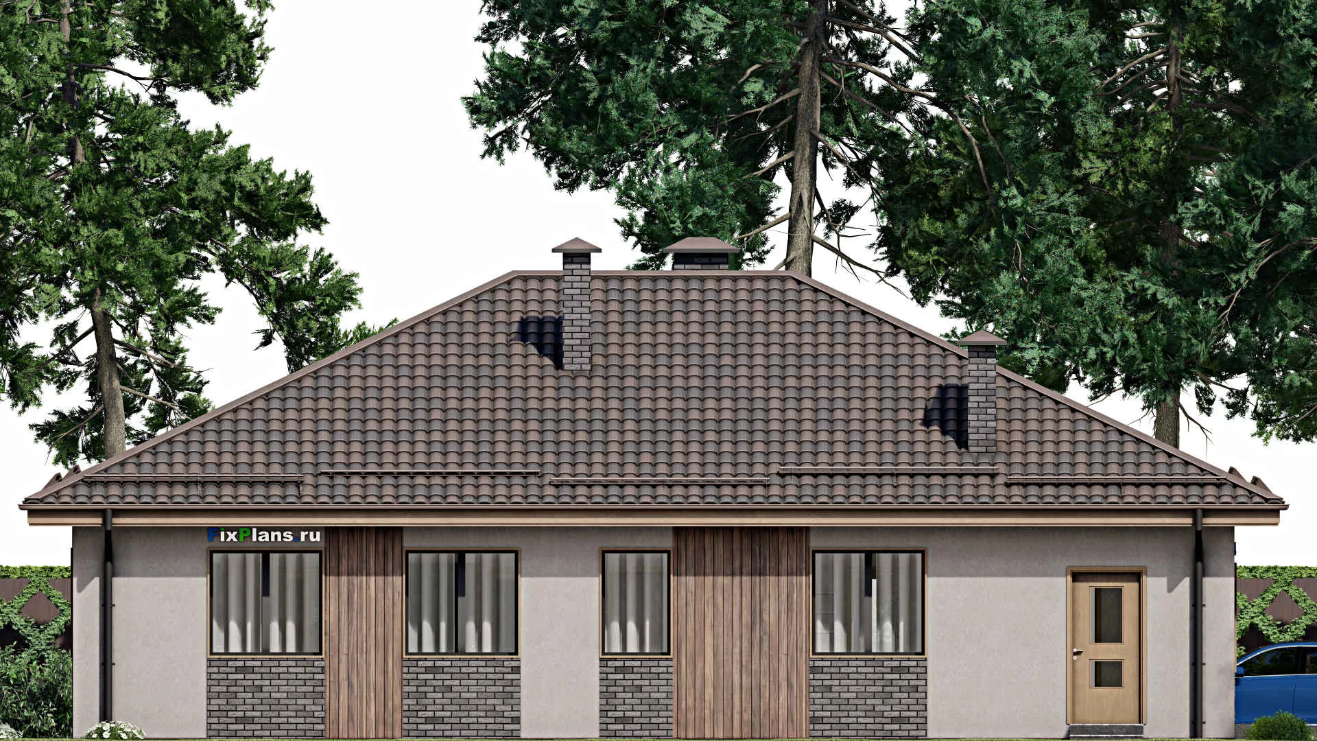 F-8198 - Проект одноэтажного дома 12 на 16, площадью 150 м² с террасой и 4 спальнями