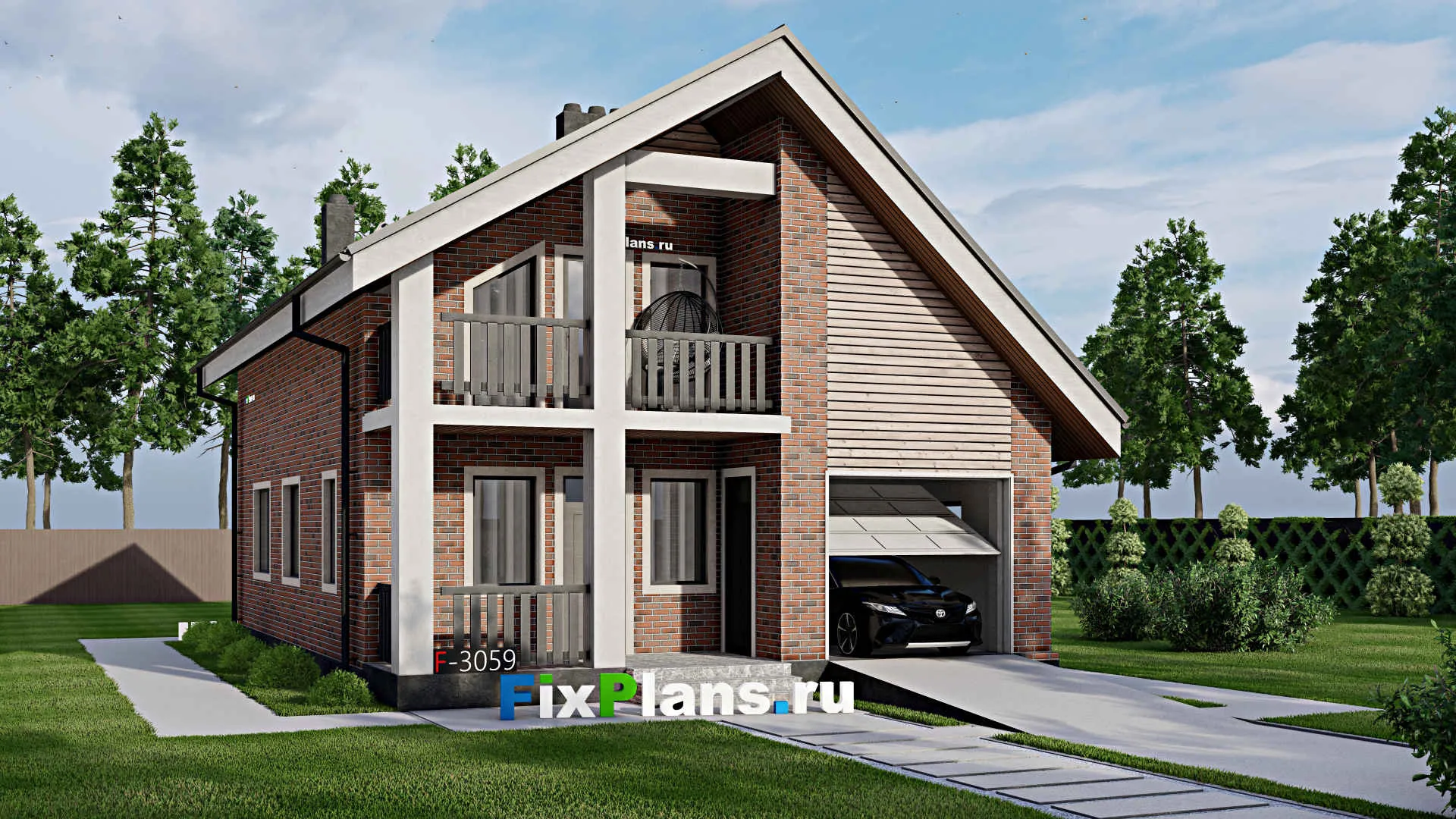F-3059 - Проект дома с мансардой 9 на 14, площадью 150 м² с балконом, гаражом на 1 машину и 3 спальнями