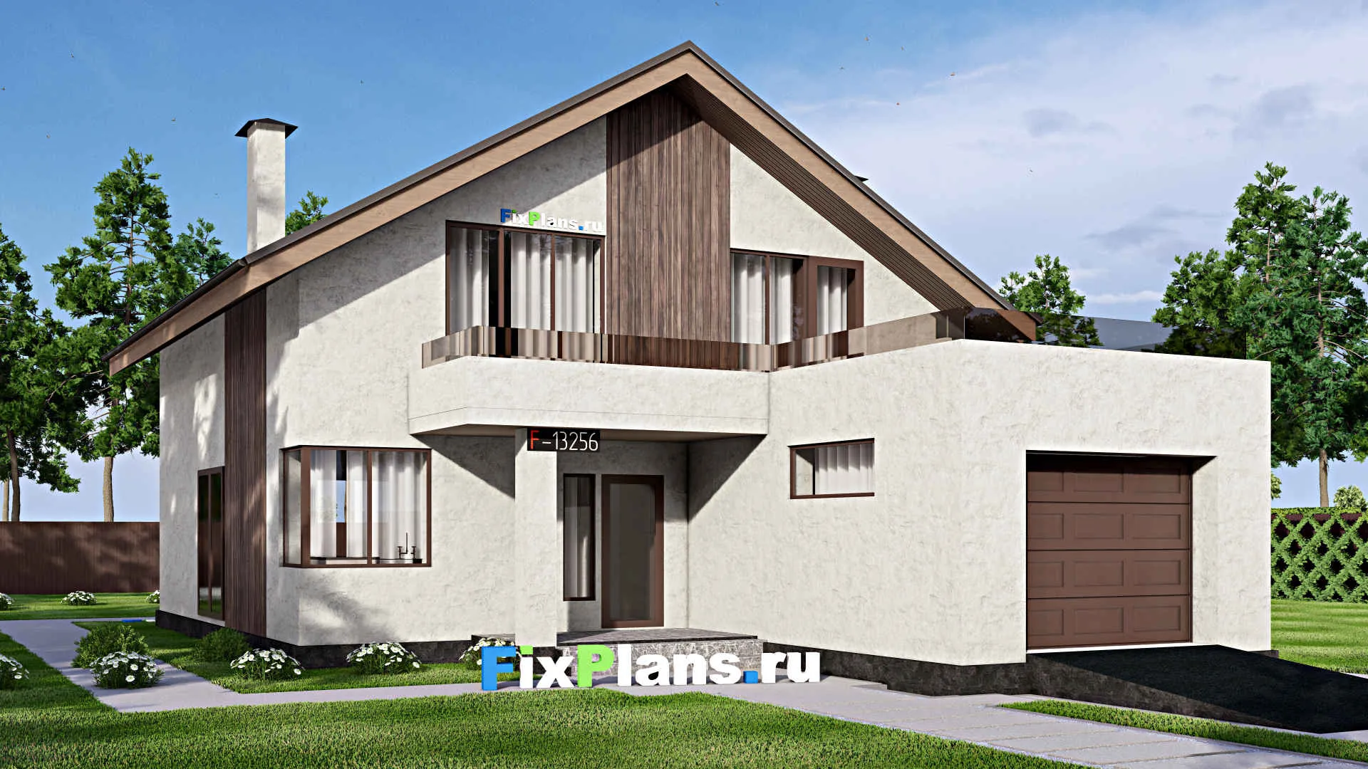 F-13256 - Проект дома с мансардой 11 на 17, площадью 240 м² с террасой, гаражом на 1 машину и 4 спальнями