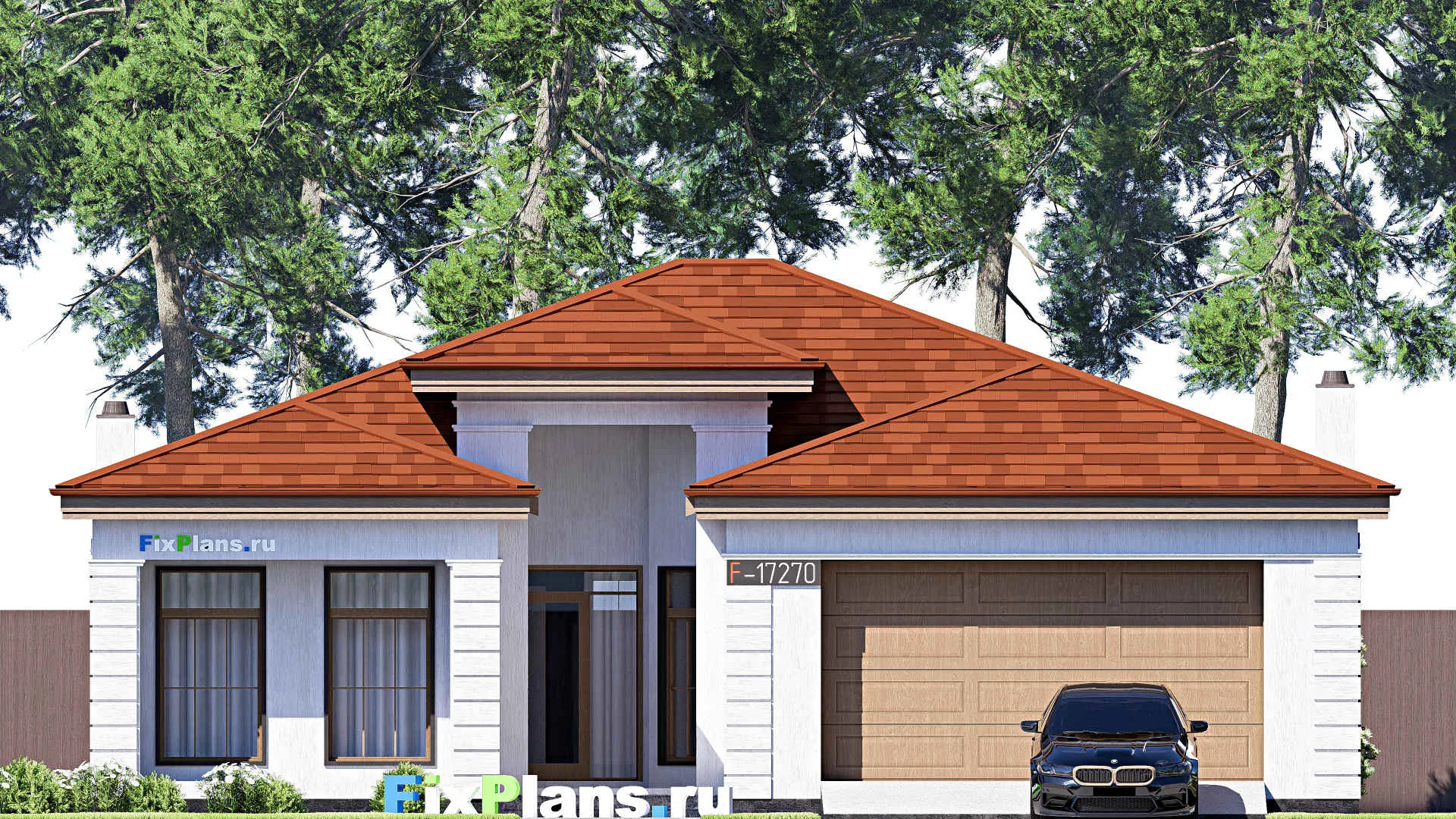 F-17270 - Проект одноэтажного дома 15 на 24, площадью 240 м² с террасой, гаражом на 2 машины и 4 спальнями