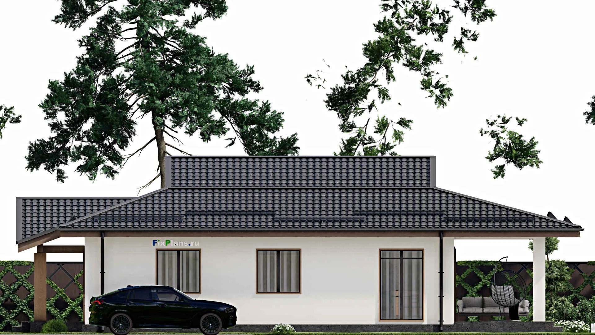 F-4922 - Проект одноэтажного дома 11 на 13, площадью 150 м² с террасой и 2 спальнями